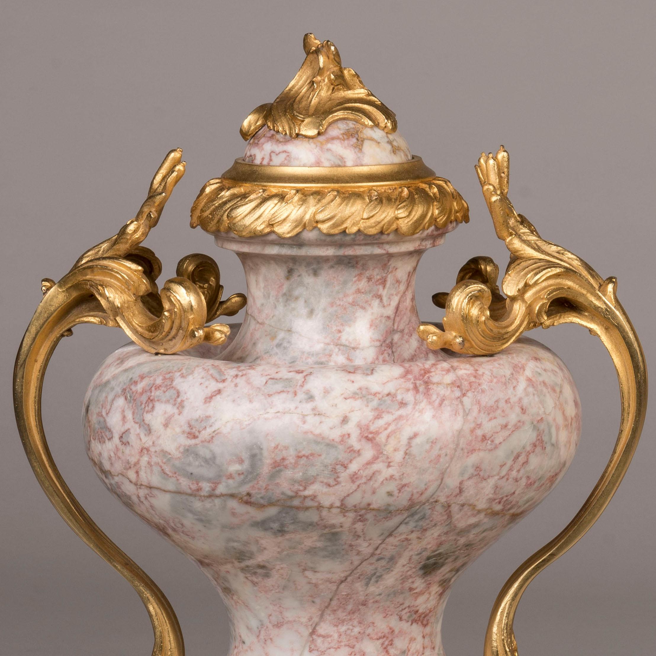Ormolu 19th century pair of Pink Marble Vases in the Louis XV Manner For Sale