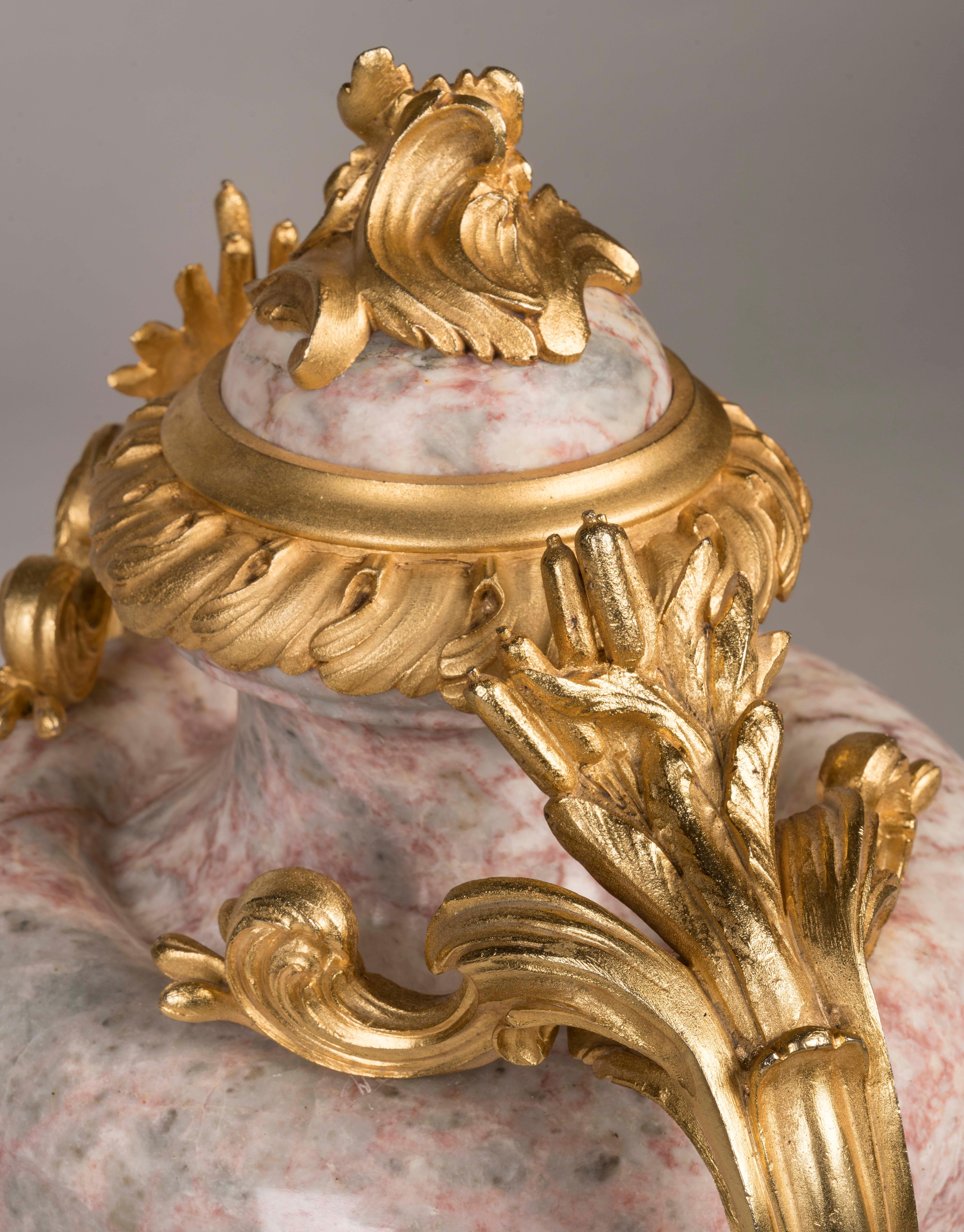 19th century pair of Pink Marble Vases in the Louis XV Manner For Sale 1