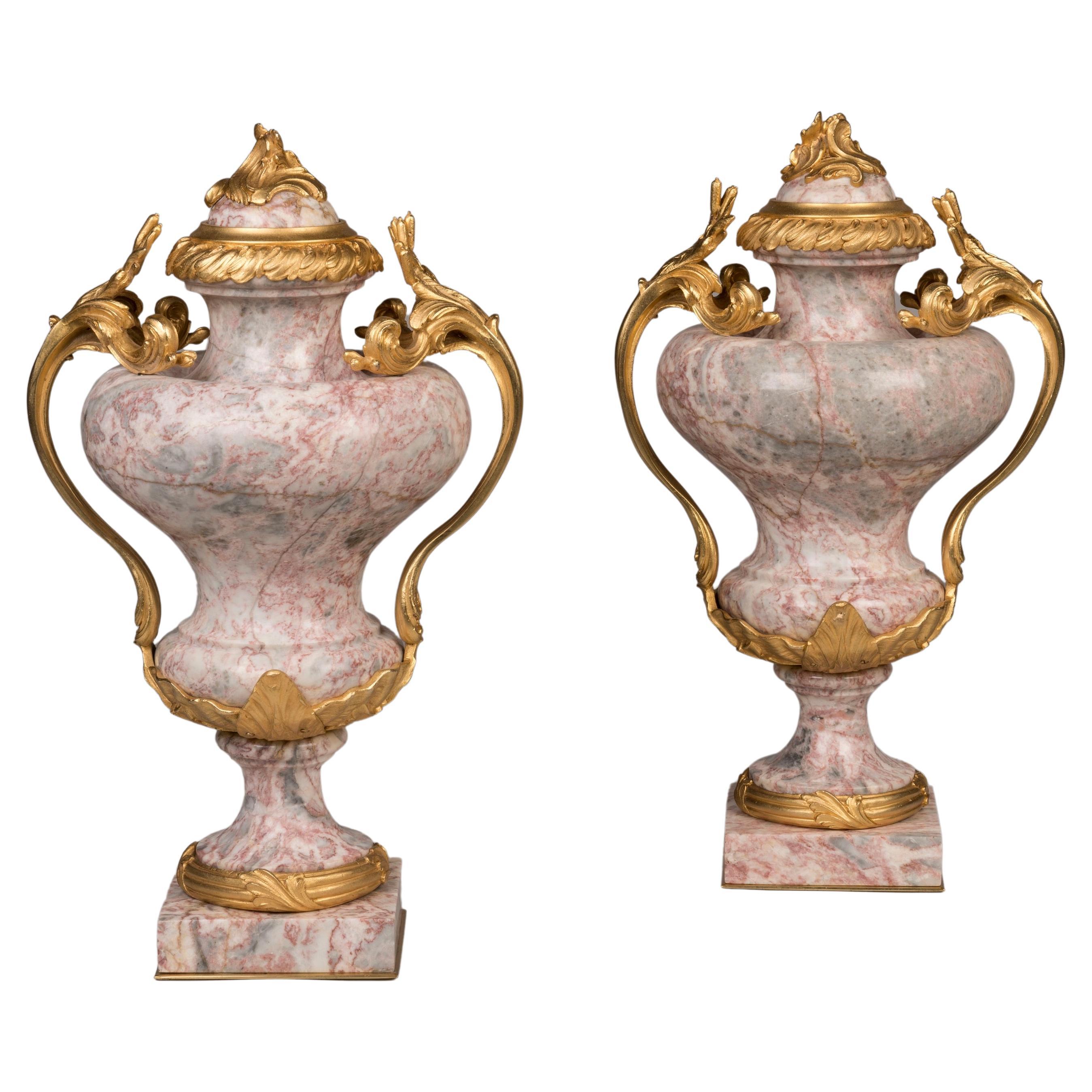 19th century pair of Pink Marble Vases in the Louis XV Manner