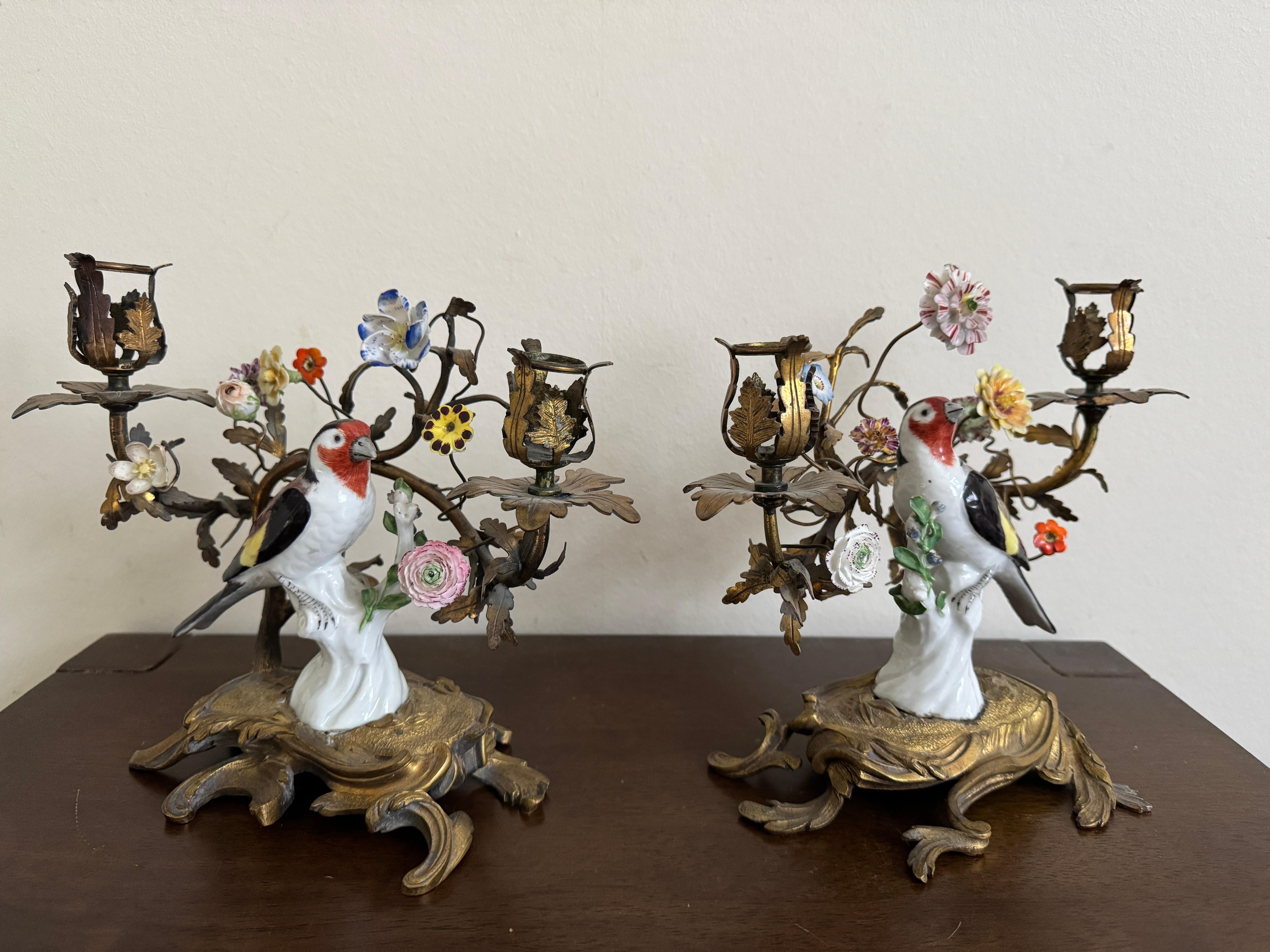 Coppia di candelabri in porcellana con uccelli in ormeggio del XIX secolo in vendita 3