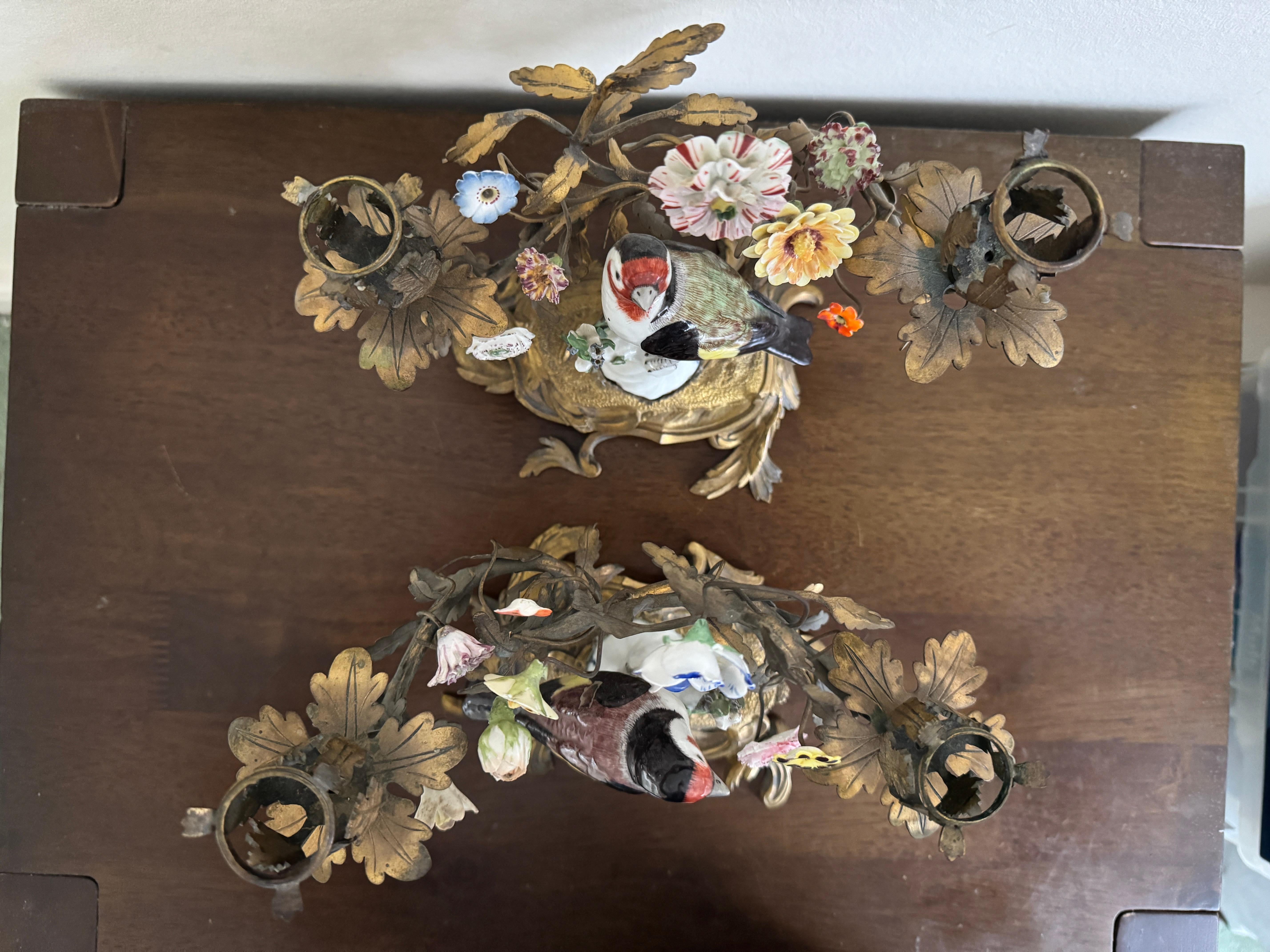 Coppia di candelabri in porcellana con uccelli in ormeggio del XIX secolo in vendita 4
