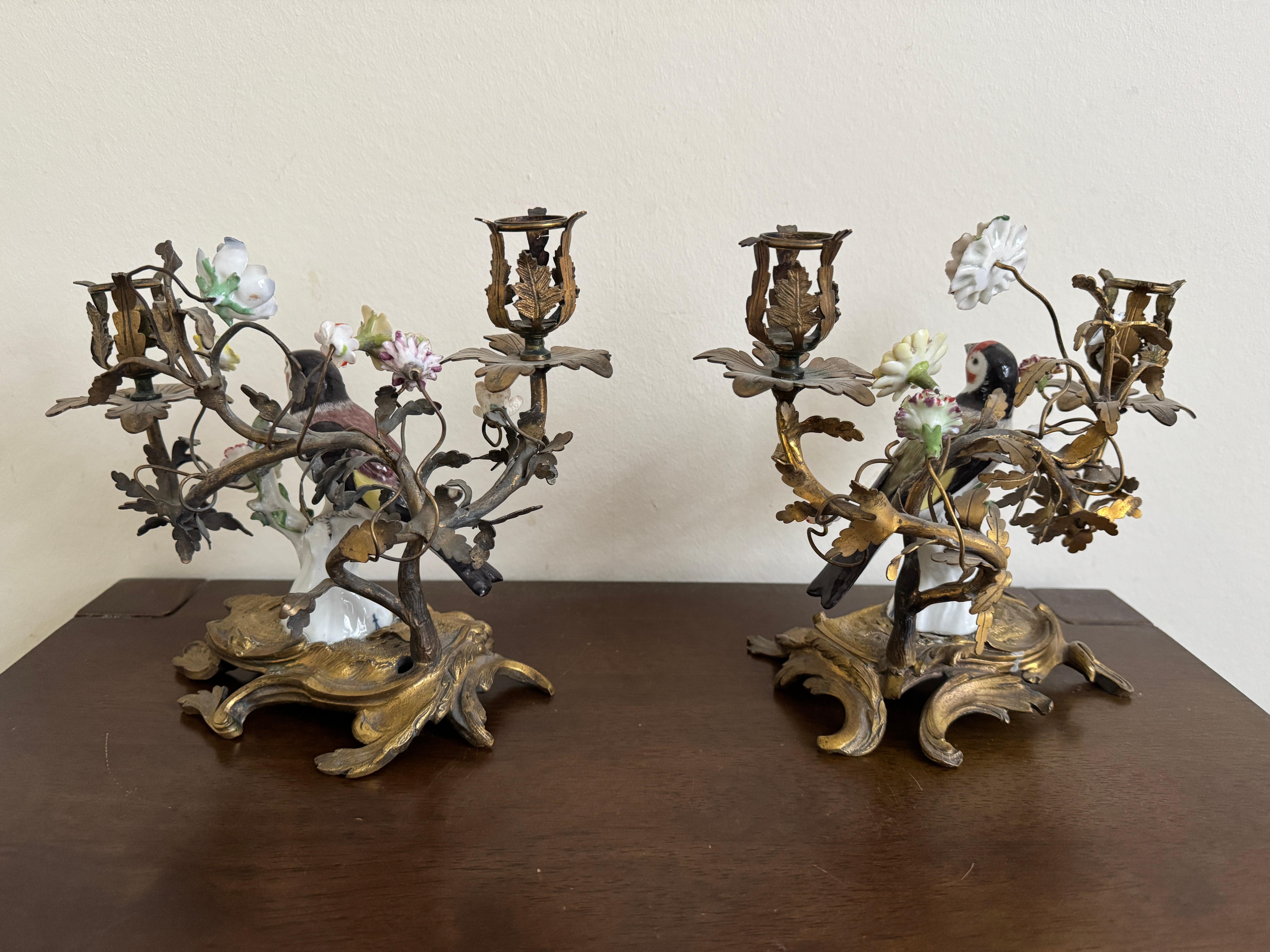 Fatto a mano Coppia di candelabri in porcellana con uccelli in ormeggio del XIX secolo in vendita