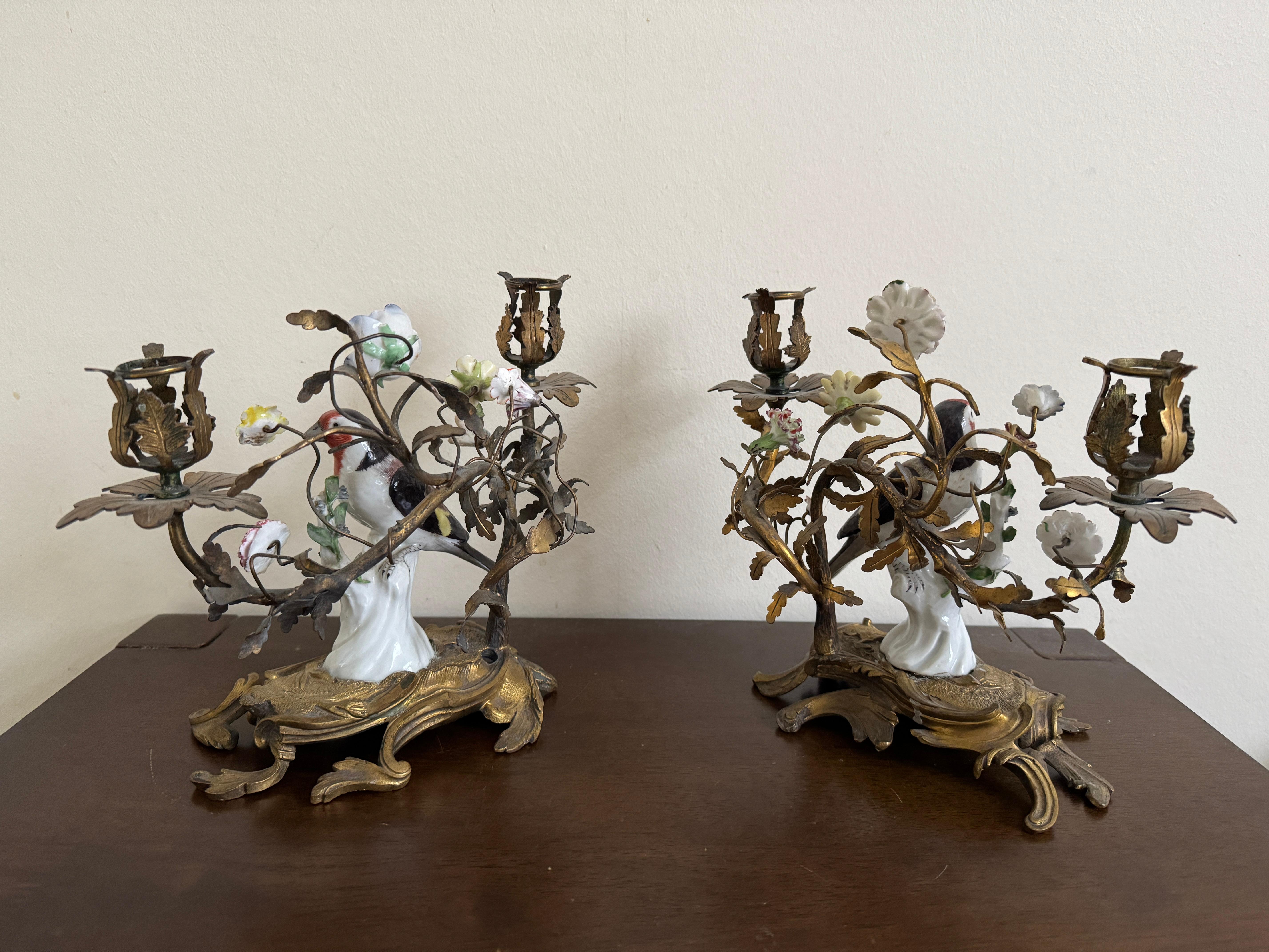 Porcellana Coppia di candelabri in porcellana con uccelli in ormeggio del XIX secolo in vendita