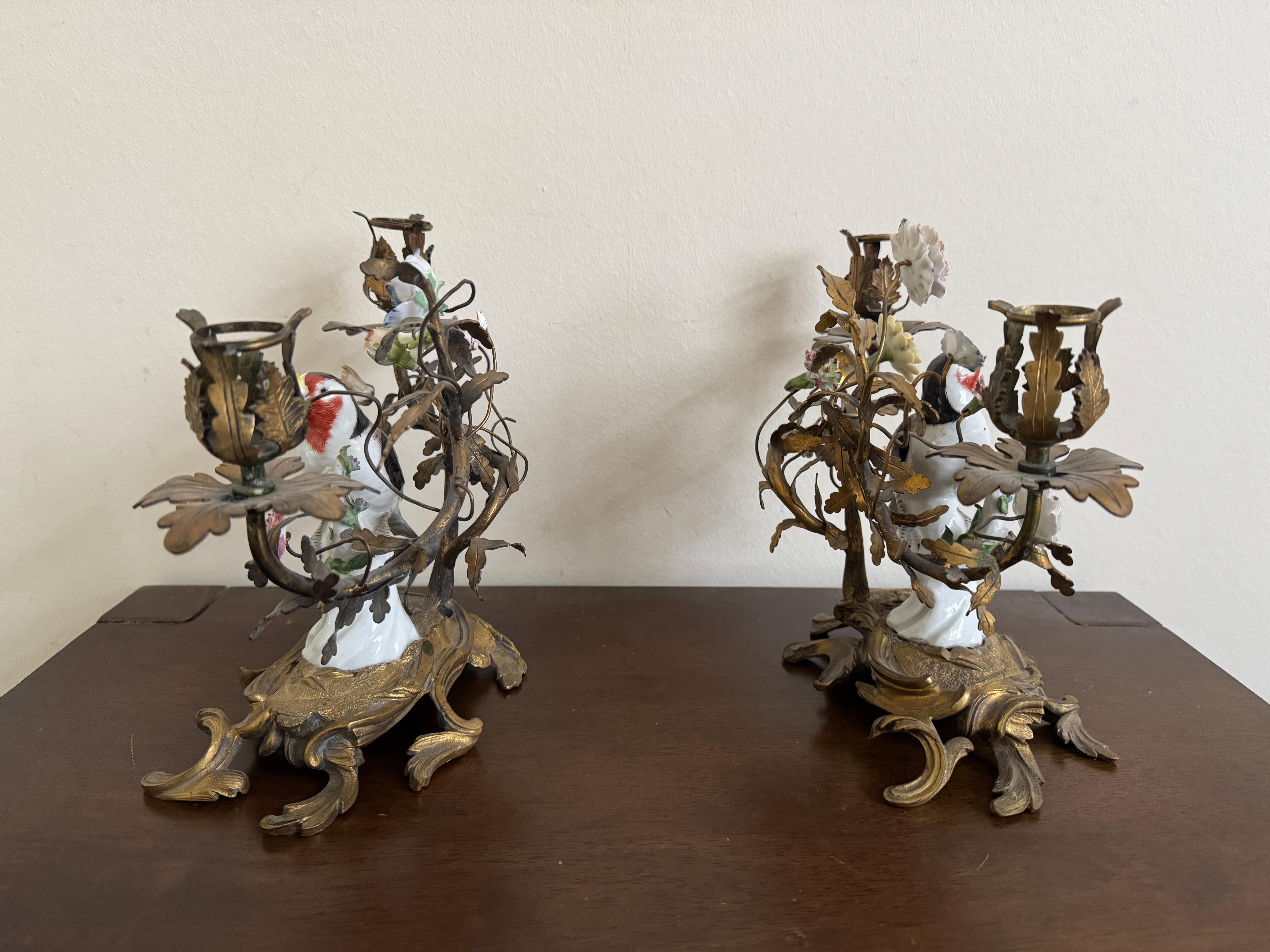 Coppia di candelabri in porcellana con uccelli in ormeggio del XIX secolo in vendita 1