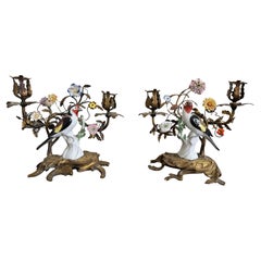 Paire de candélabres en porcelaine avec oiseaux en bronze doré du 19e siècle