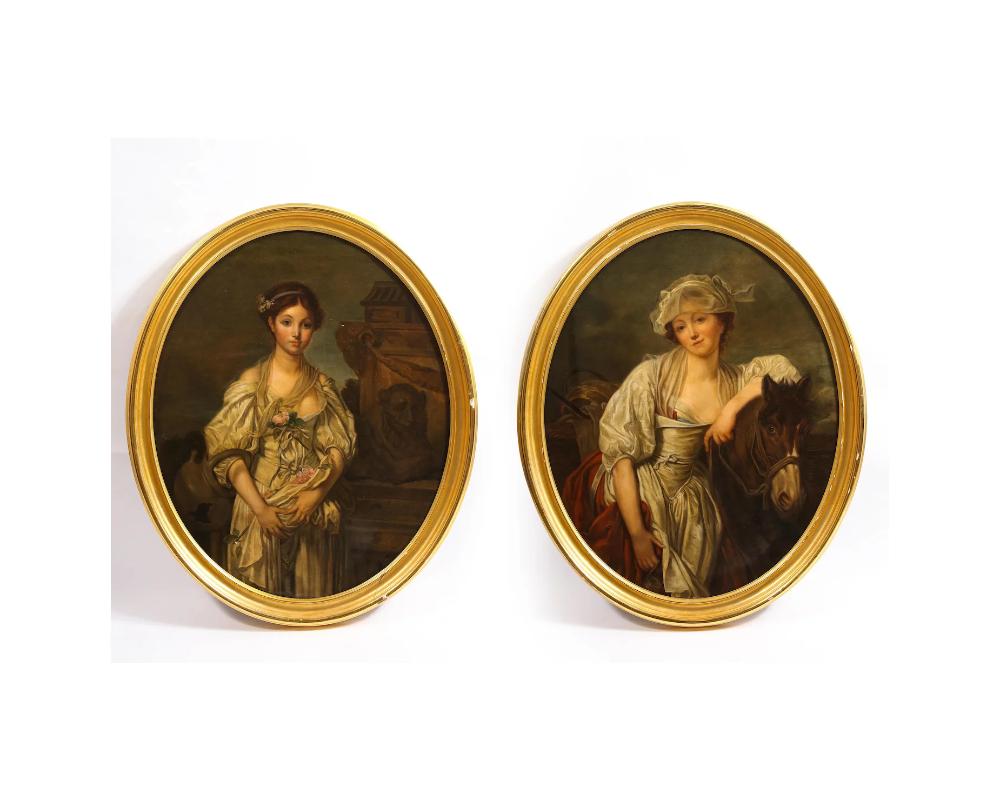 19th Century pair of portrait paintings of women after, Jean-Baptiste Greuze (French 1725-1805)

This pair of large oval oils on canvas paintings feature portrait entitled 'Broken Pitcher' after Jean-Baptiste Greuze (French 1725-1805), annotated