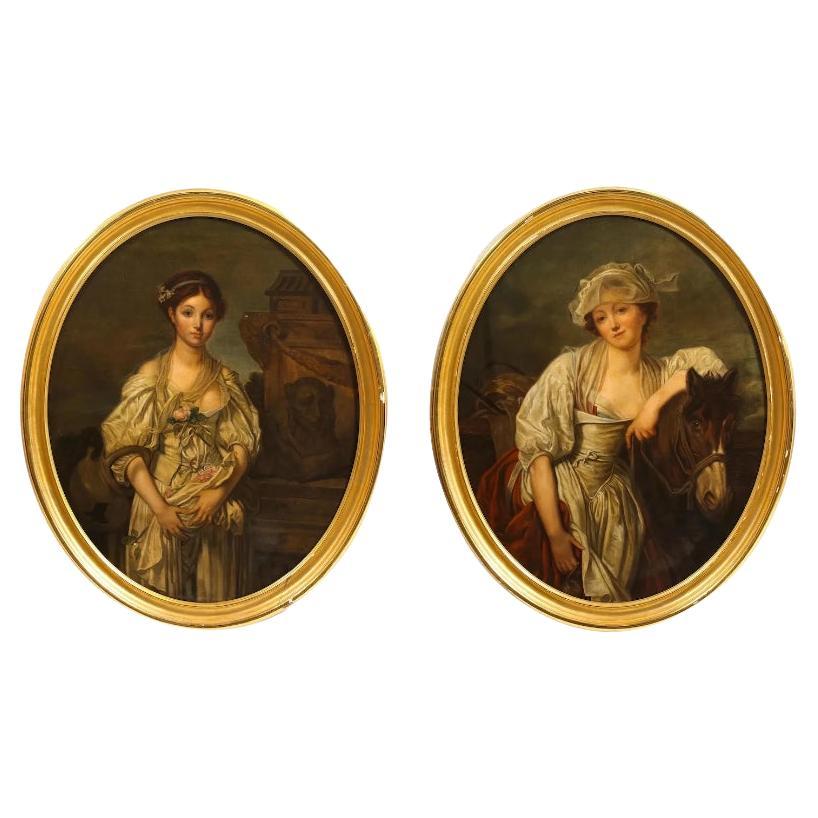 19th Century Pair of Portrait Paintings of Women After, Jean-Baptiste Greuze