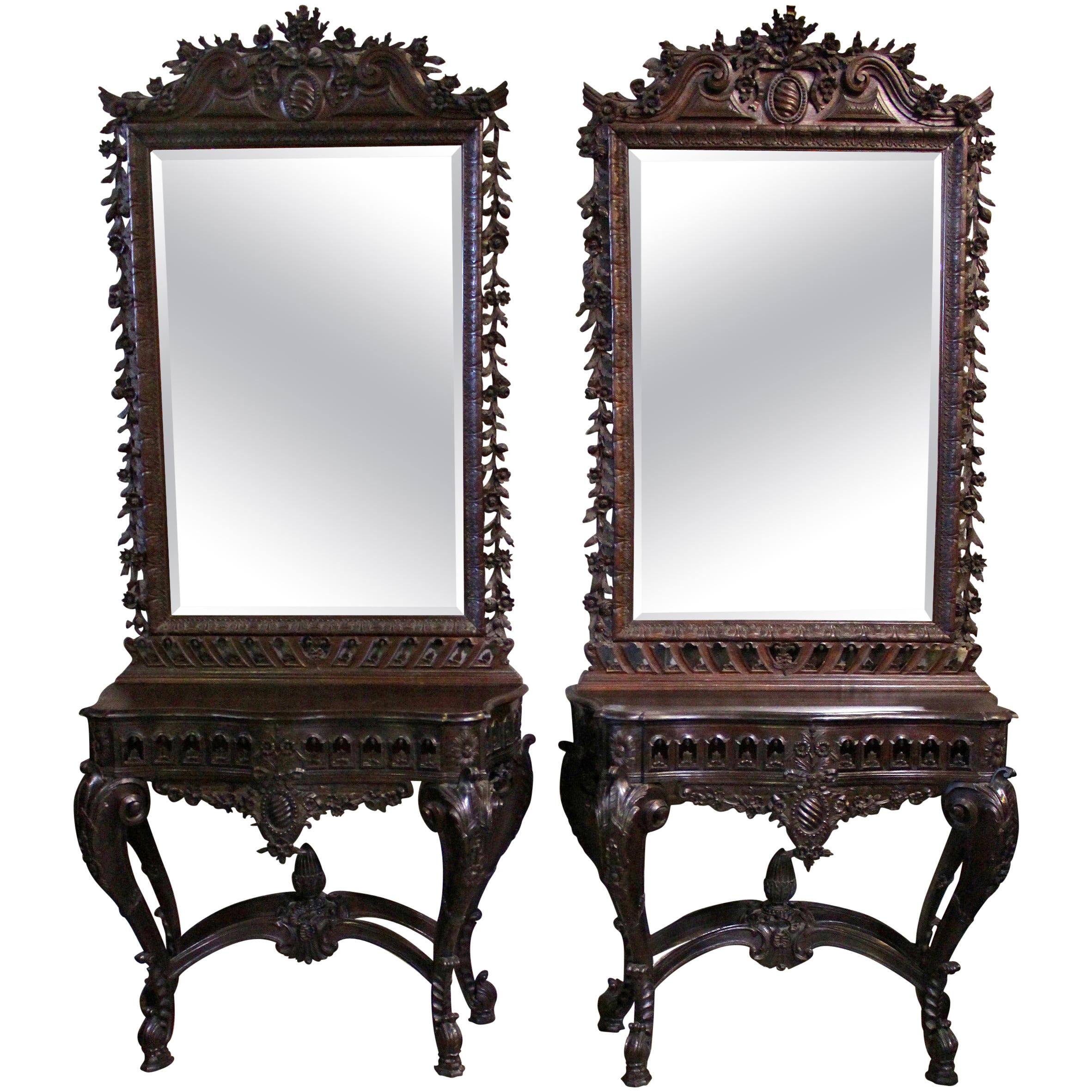 19th Century Pair of Portuguese Rococo Style Console Tables and Mirrors