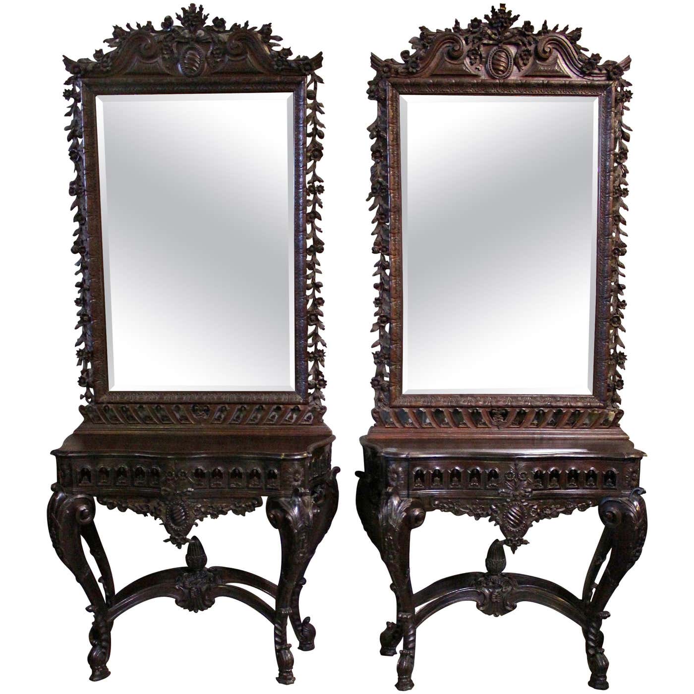 19th Century Pair of Portuguese Rococo Style Console Tables and Mirrors ...