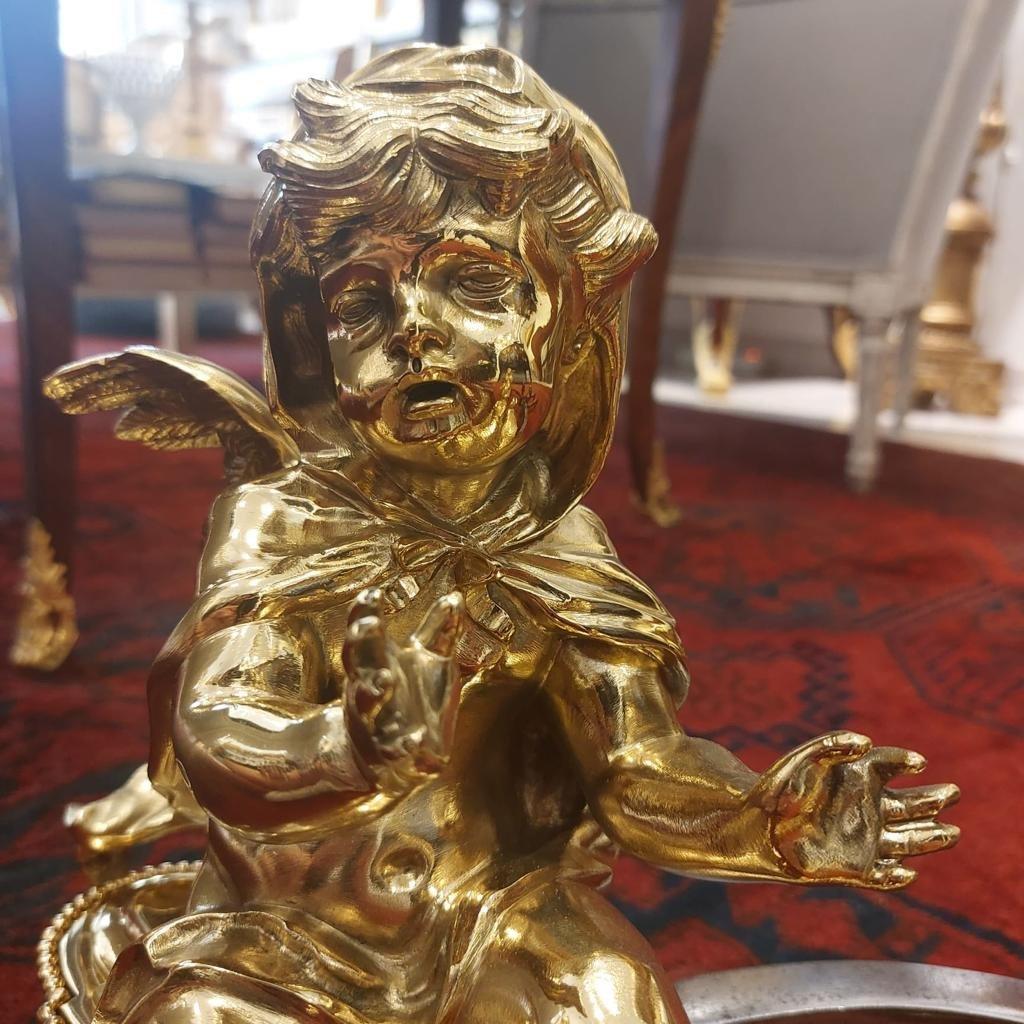 Louis XVI 19th Century Pair of Putti Andirons in Gilt Bronze  For Sale
