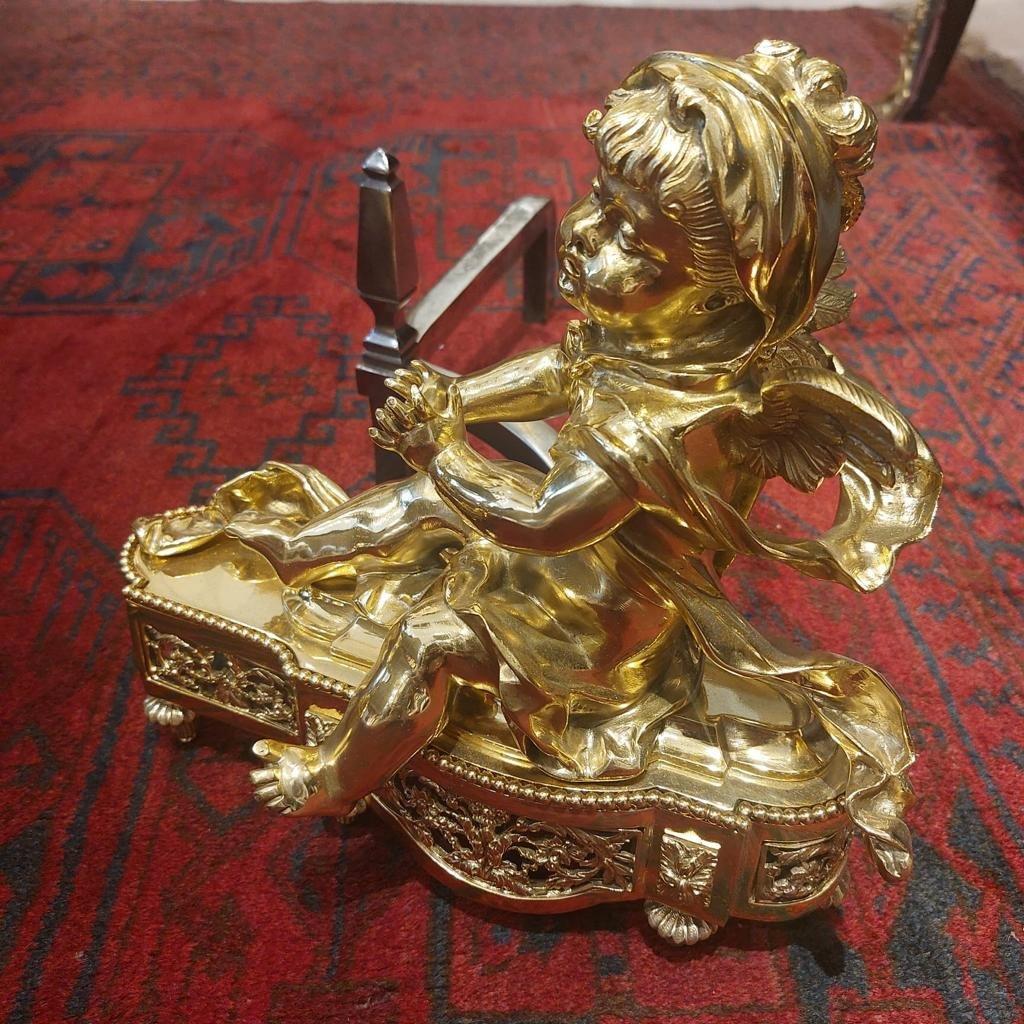 19th Century Pair of Putti Andirons in Gilt Bronze  For Sale 2