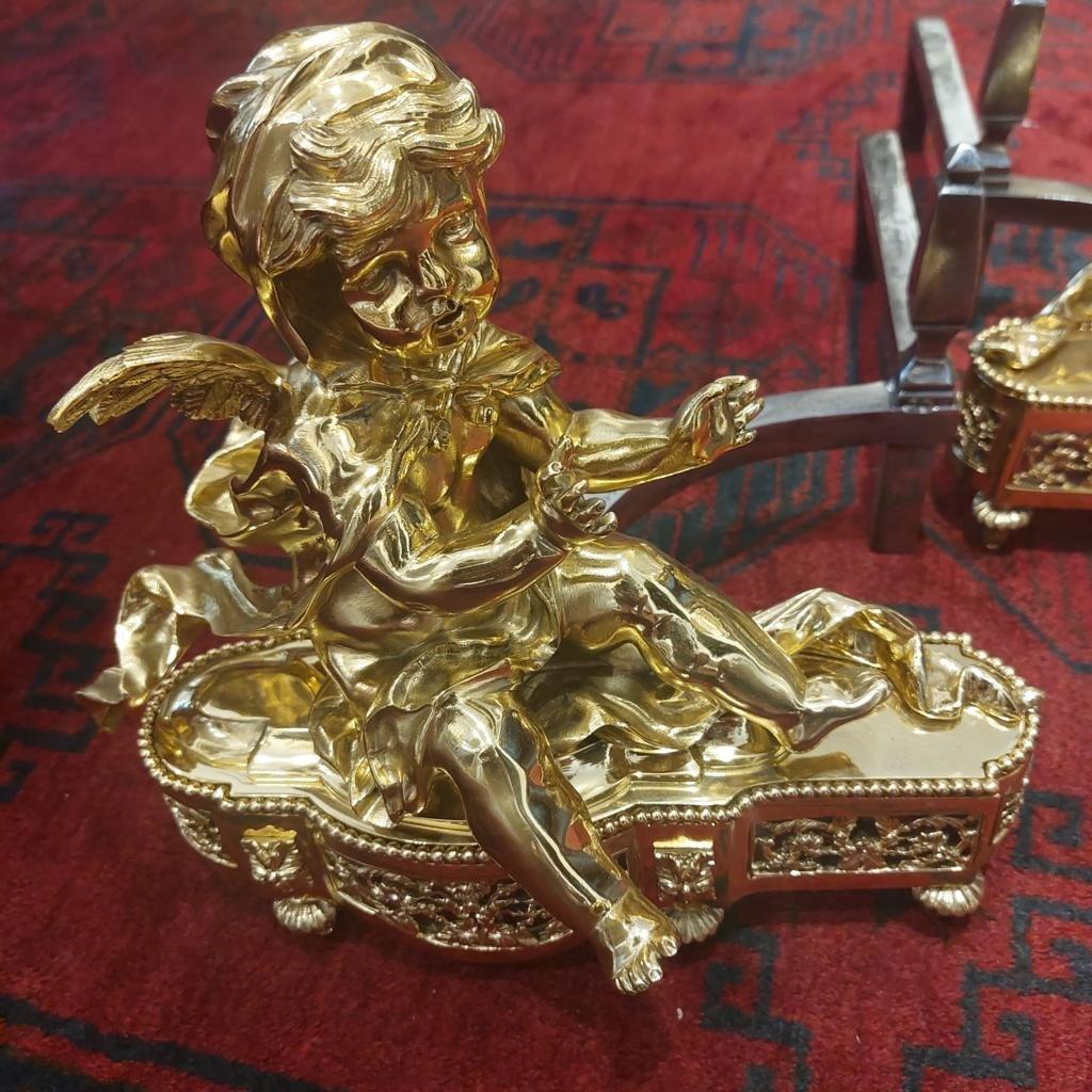 19th Century Pair of Putti Andirons in Gilt Bronze  For Sale 3