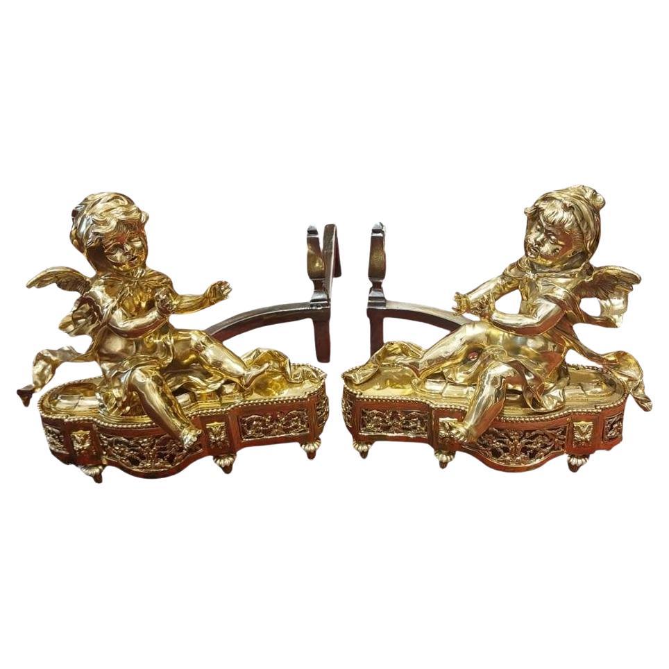 19th Century Pair of Putti Andirons in Gilt Bronze 