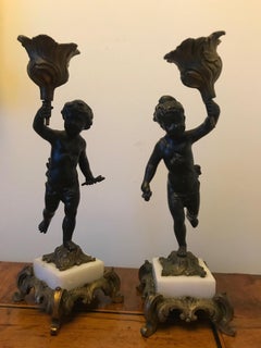 19th Century Pair of Putti Cherub Candlesticks