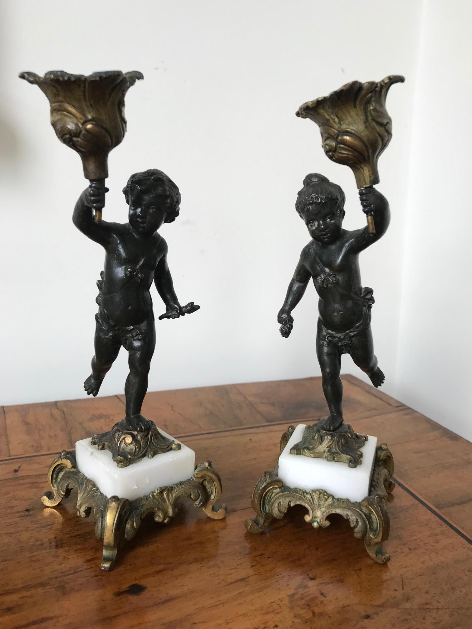 Louis Philippe 19th Century Pair of Putti Cherub Candlesticks For Sale