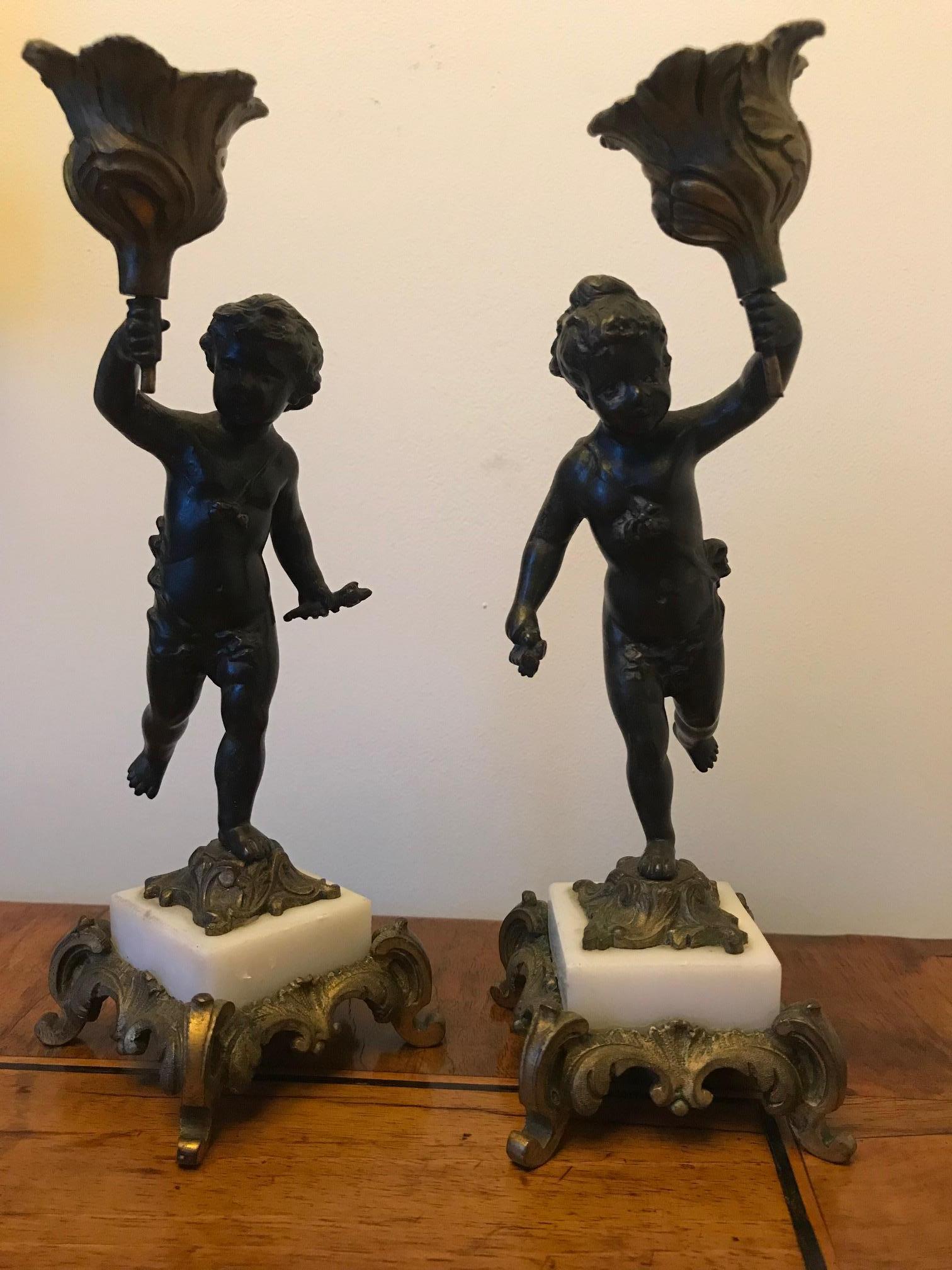 French 19th Century Pair of Putti Cherub Candlesticks For Sale