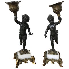 19th Century Pair of Putti Cherub Candlesticks