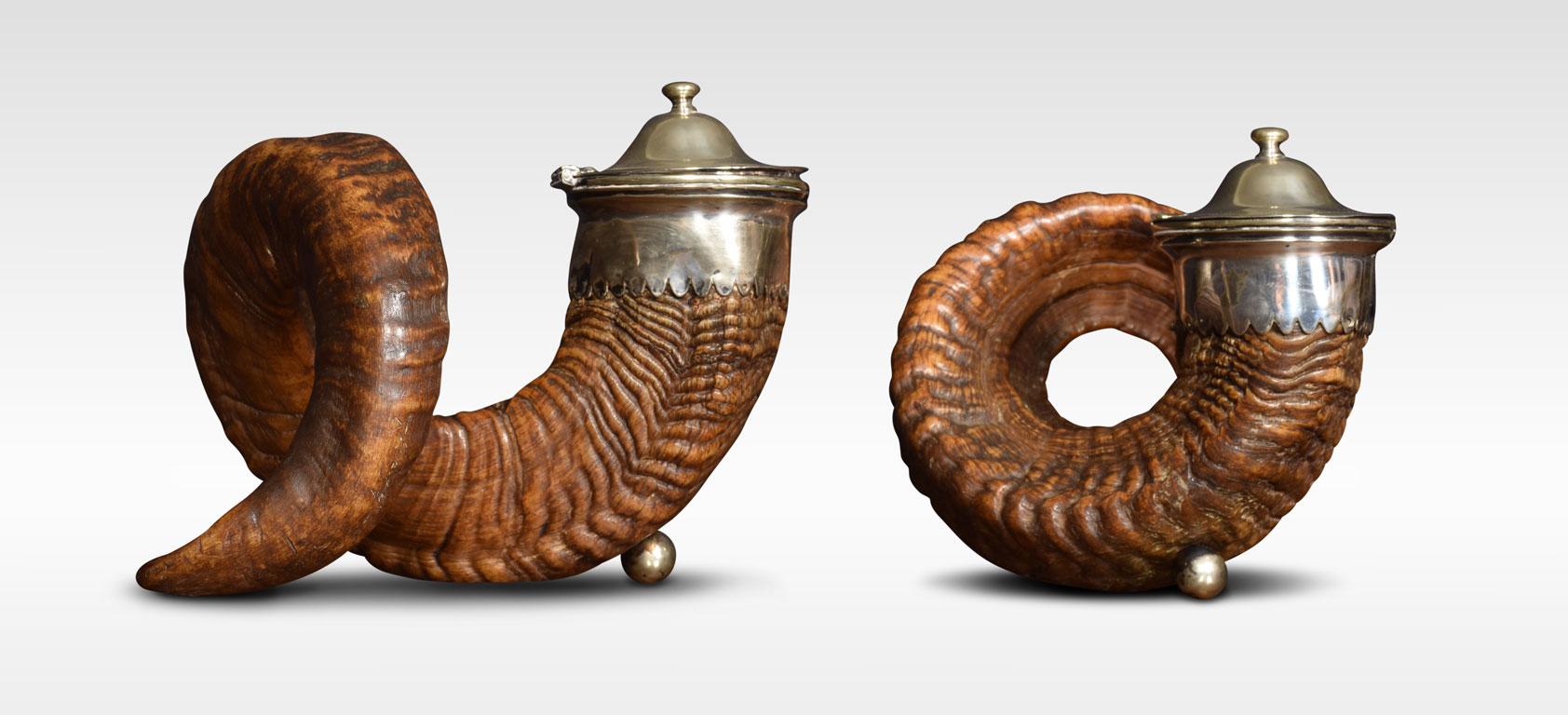 A pair of 19th century ram’s horn snuff mulls, with electroplate mounts and hinged lids.
Dimensions:
Height 8 inches
Width 8.5 inches
Depth 9 inches.