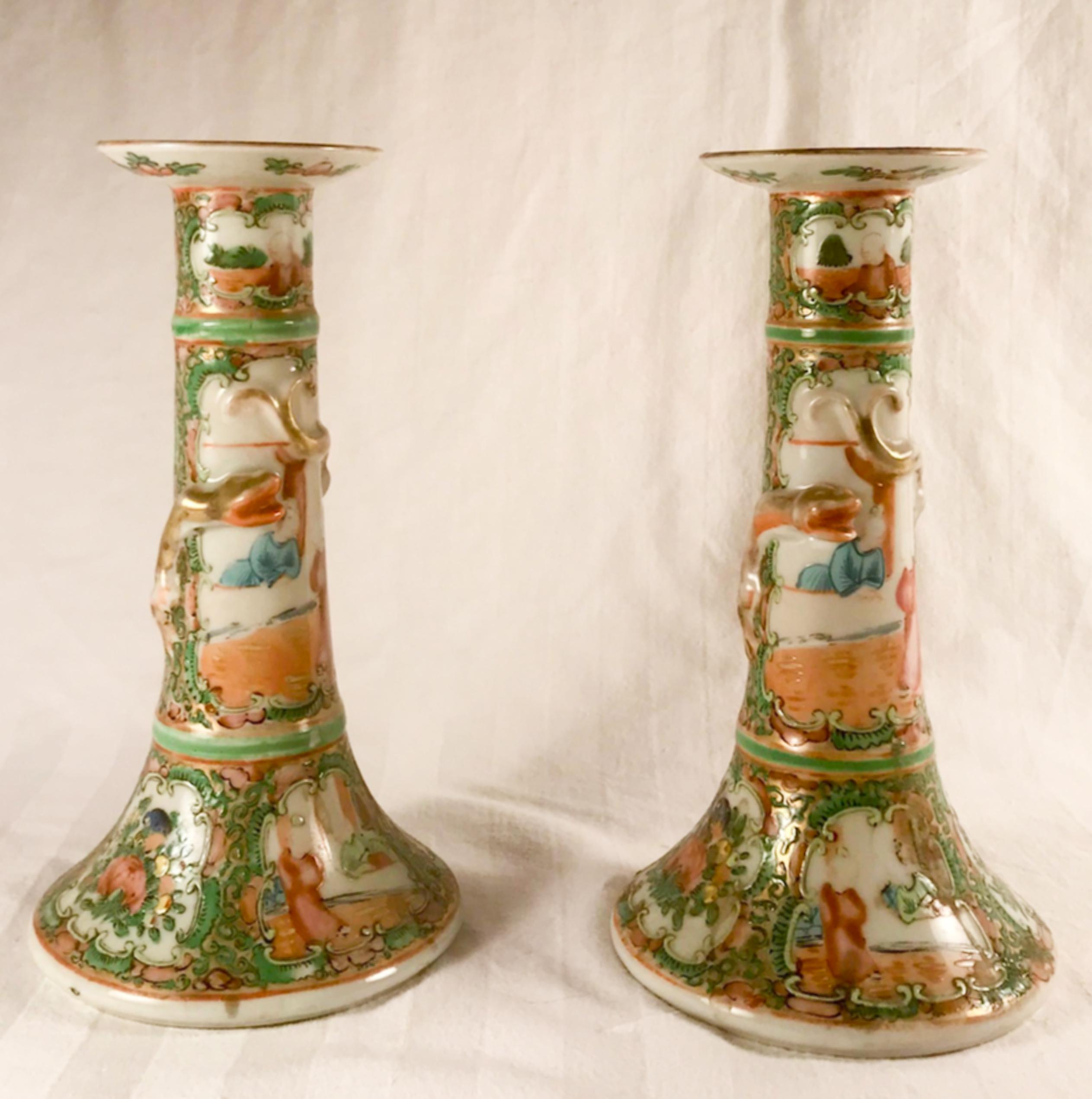 Rare pair of Chinese export rose medallion pattern porcelain candlesticks, 19th century
Pair of Chinese export rose medallion pattern porcelain candlesticks, late 19th century, with gilt modeled kylin encircling the shafts. A kylin is a unicorn of