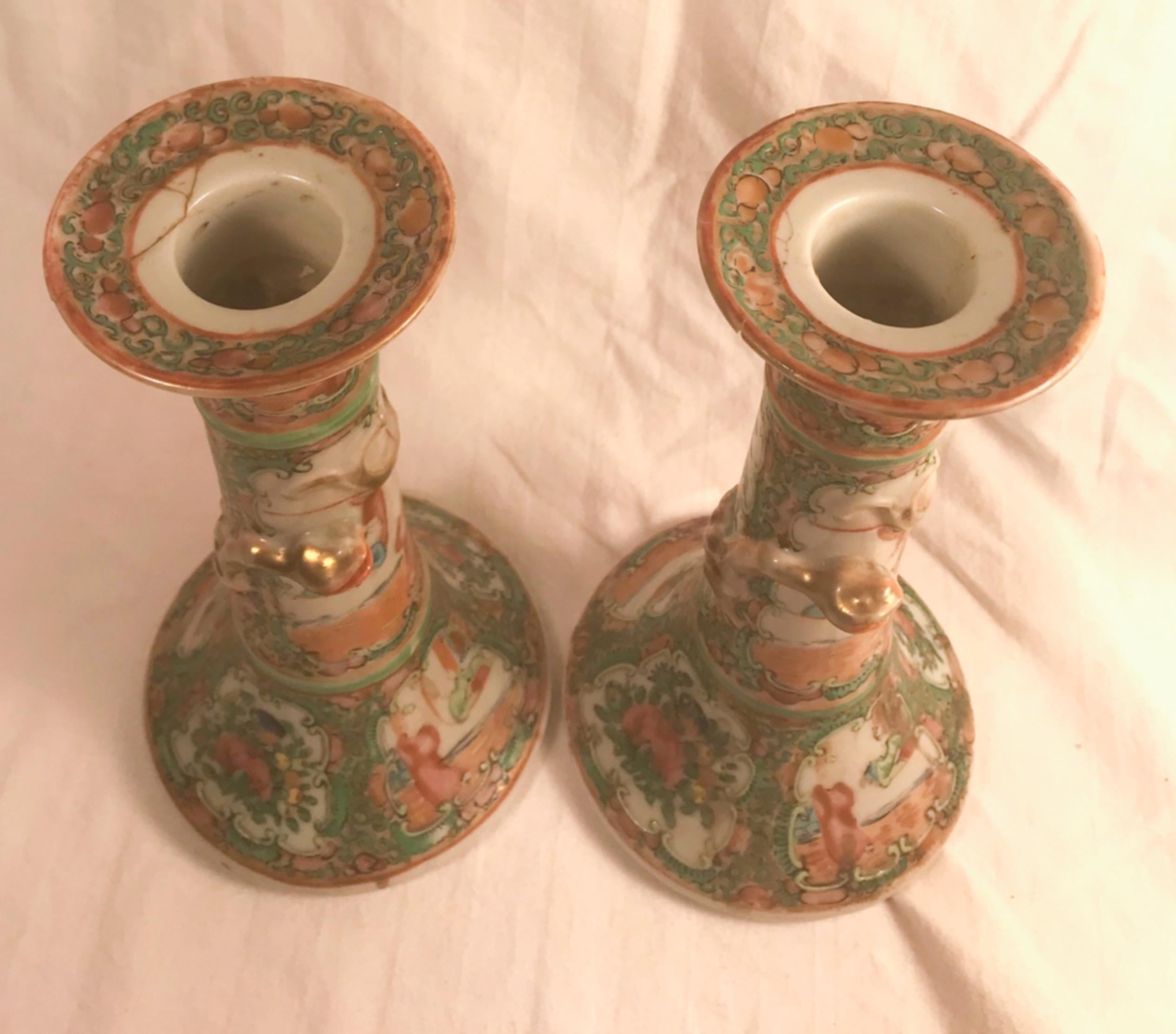 Chinese Export 19th Century Pair of Rare Chinese Rose Medallion Porcelain Candlesticks