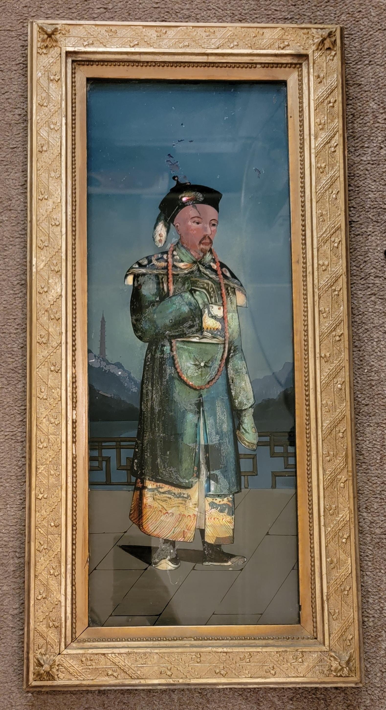 Paire de dessins asiatiques peints à l'envers du XIXe siècle Bon état - En vente à Pasadena, CA