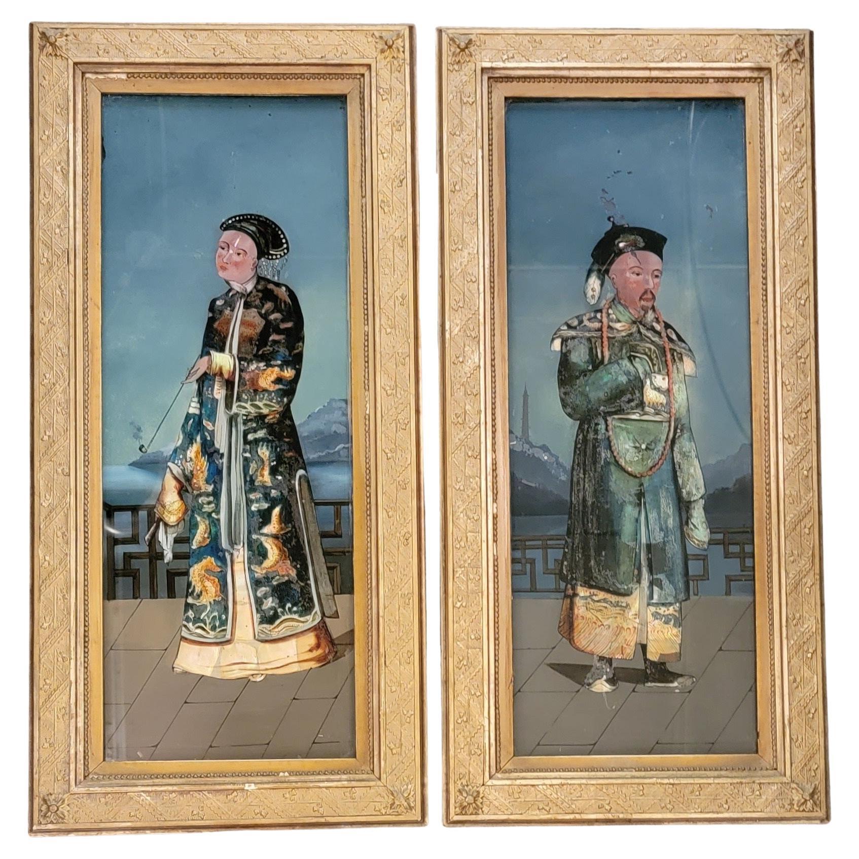 19th Century Pair of Reverse Painted Asian Drawings