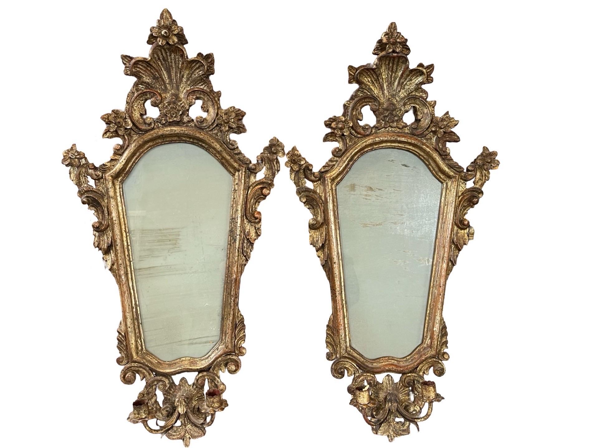 19th Century Pair Of Rococo Italian Wooden and Gold Leaf Mirror Sconces