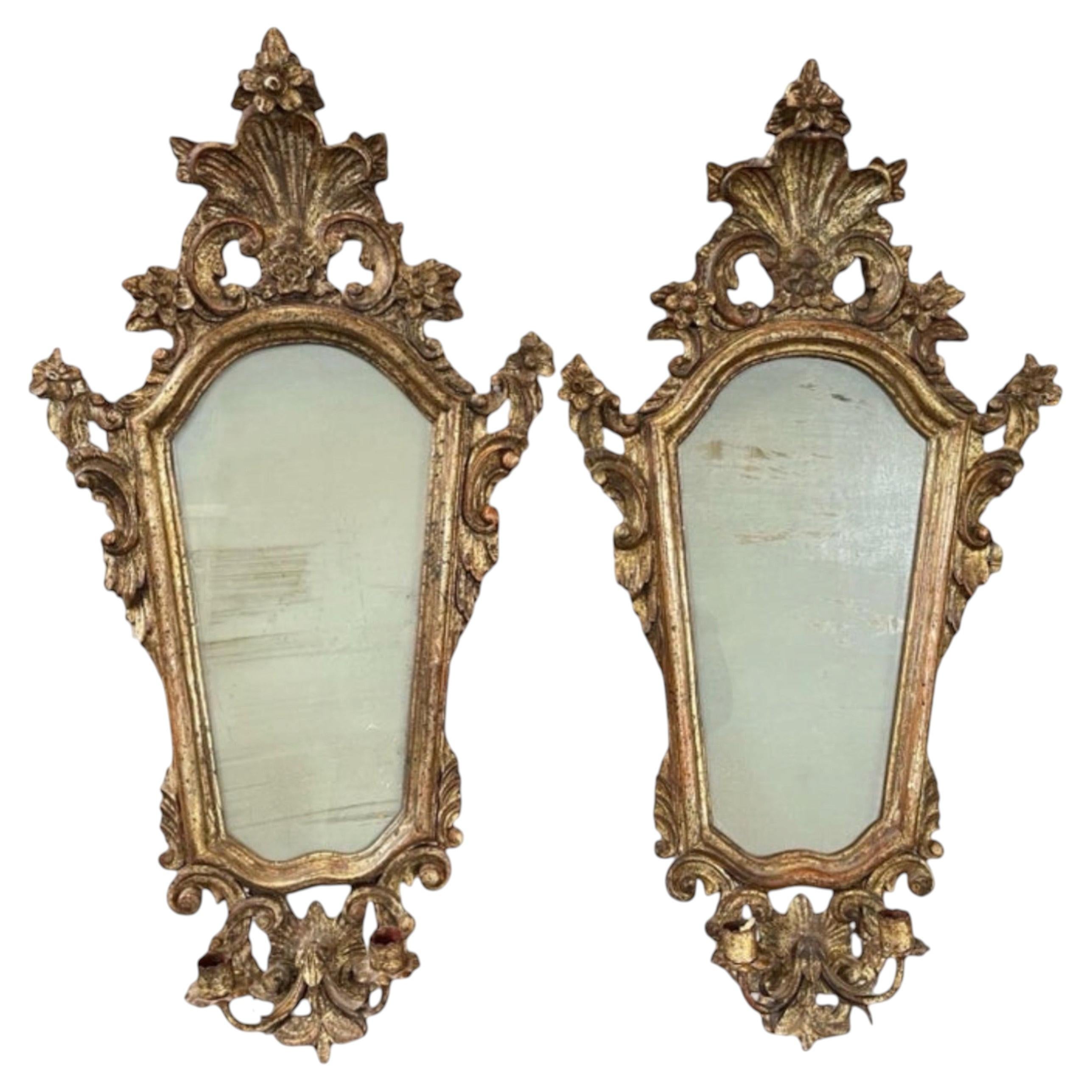 19th Century Pair Of Rococo Italian Wooden and Gold Leaf Mirror Sconces