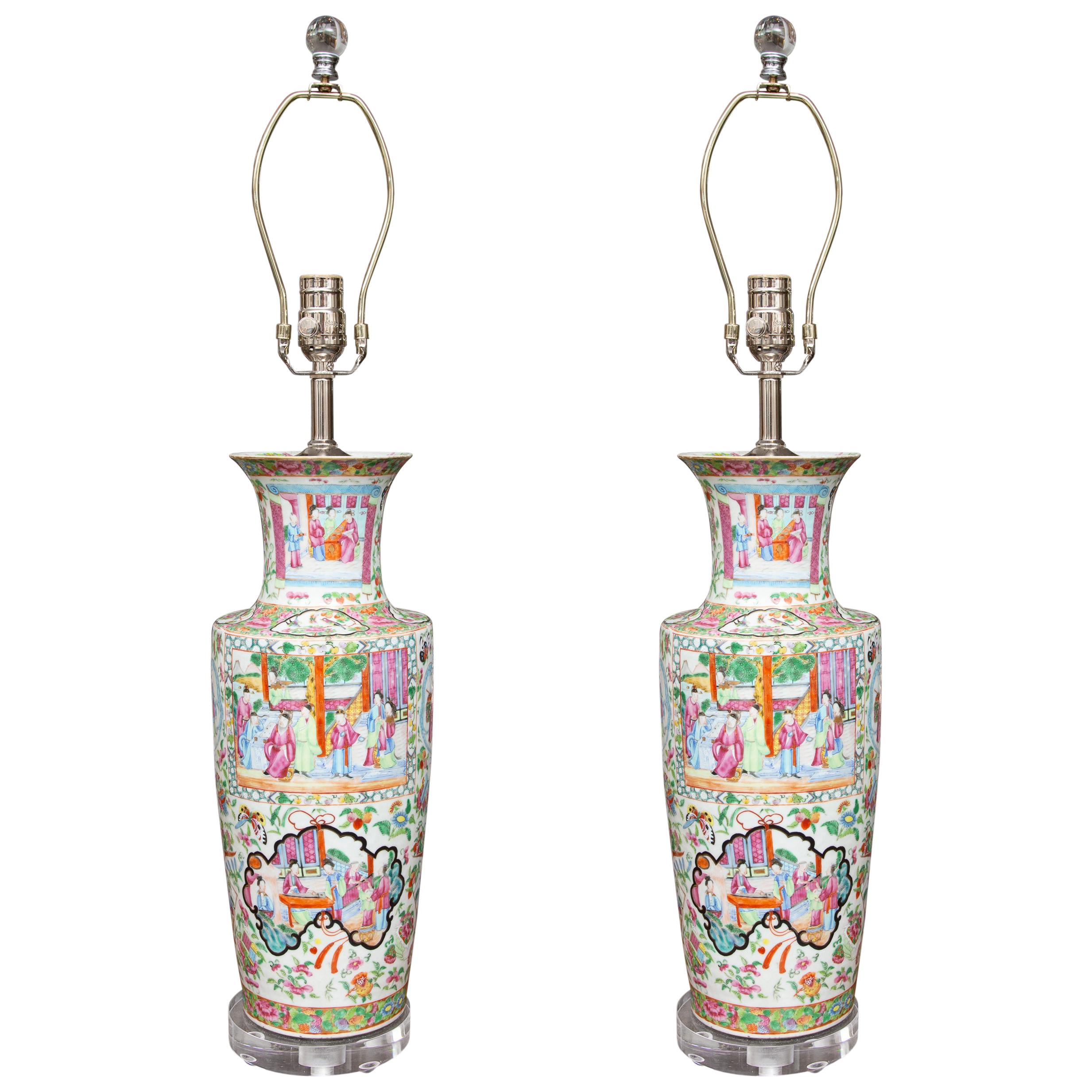 19th Century Pair of Rose Canton Vases as Lamps