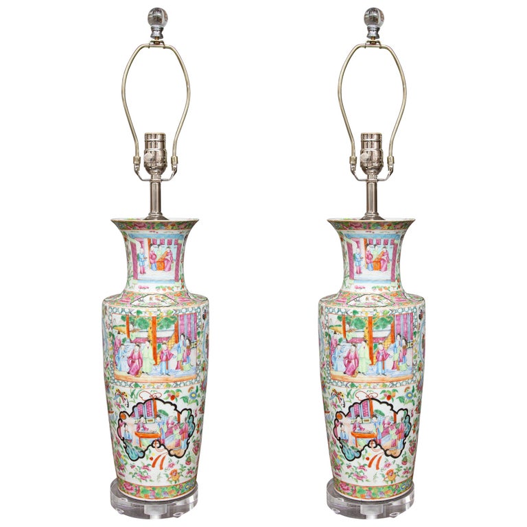 19th Century Pair of Rose Canton Vases as Lamps For Sale