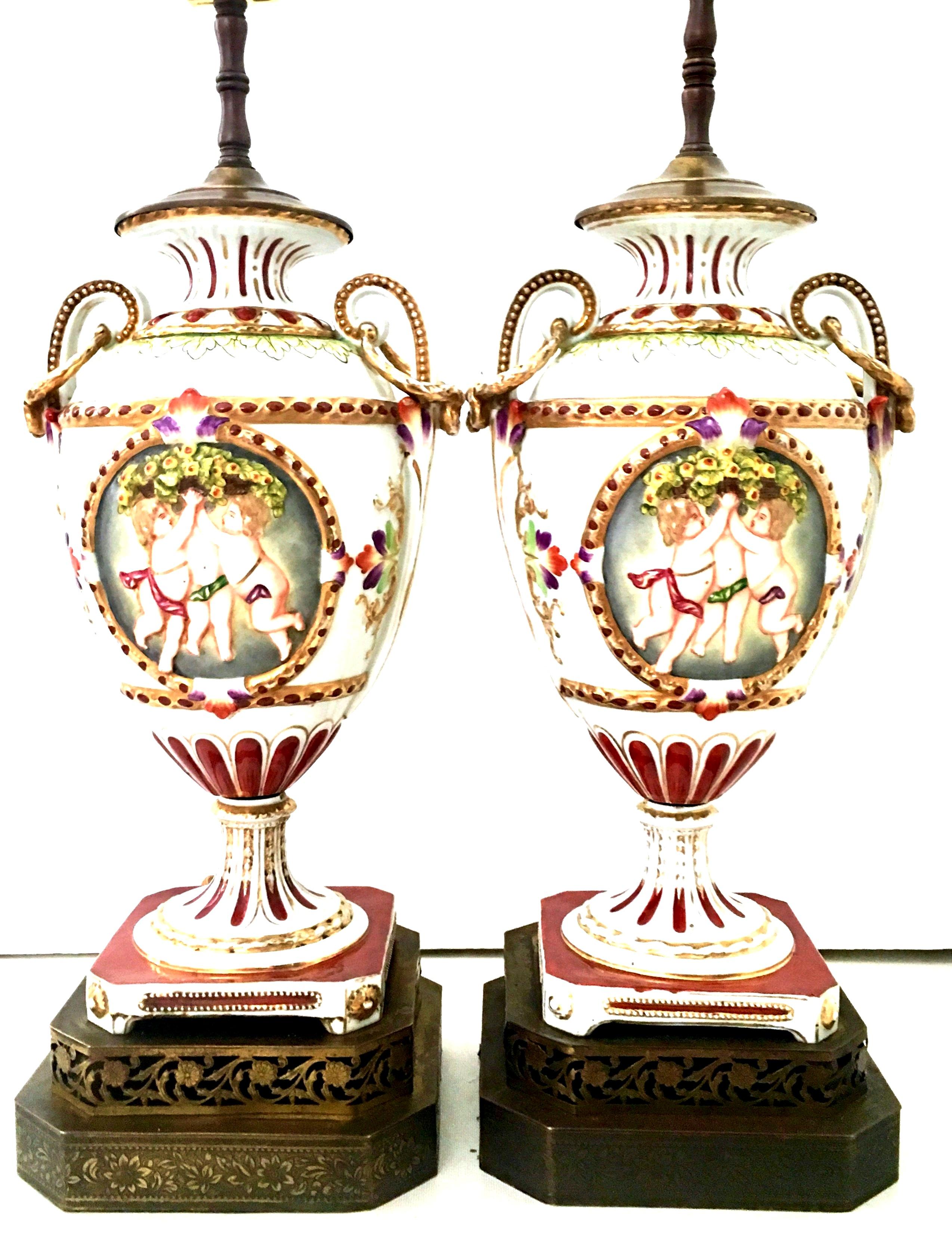 Neoclassical 19th Century Pair of Royal Vienna Style Porcelain Hand Painted Portrait Lamps For Sale