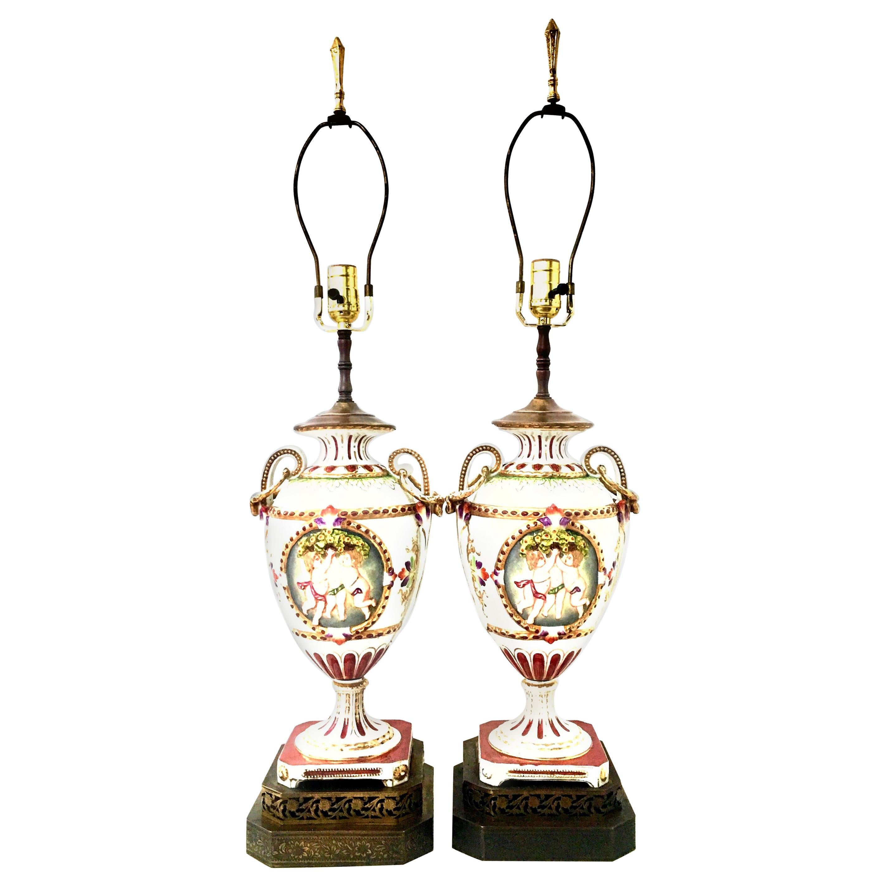 19th Century Pair of Royal Vienna Style Porcelain Hand Painted Portrait Lamps For Sale
