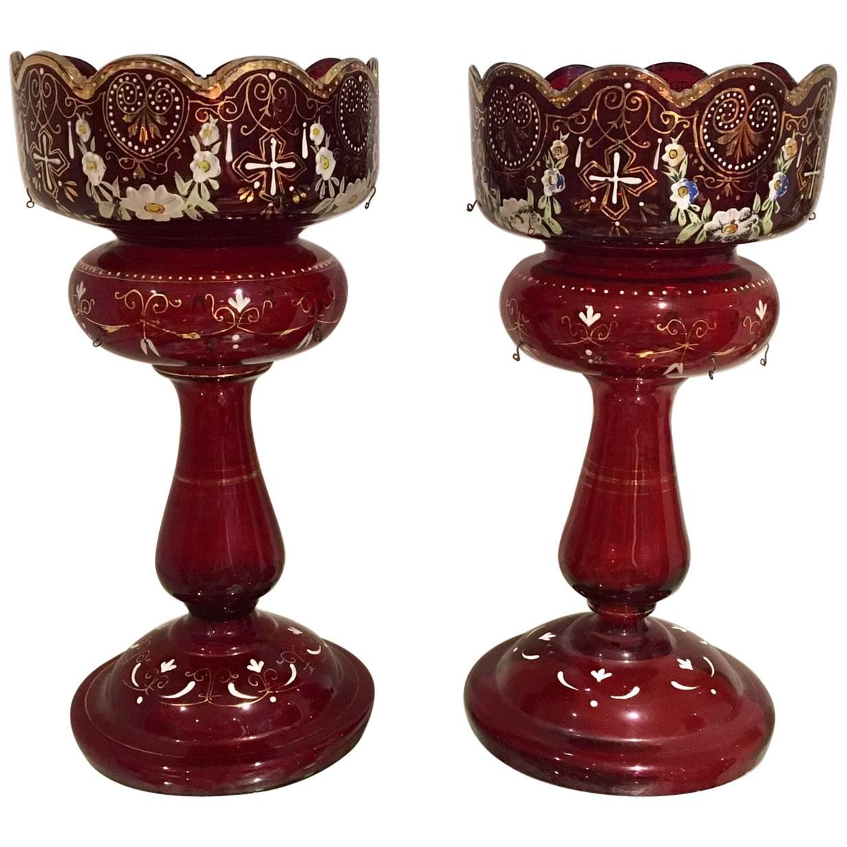 19th Century, Pair of Ruby Red Bohemian Mantle Lustres For Sale