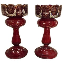 19th Century, Pair of Ruby Red Bohemian Mantle Lustres