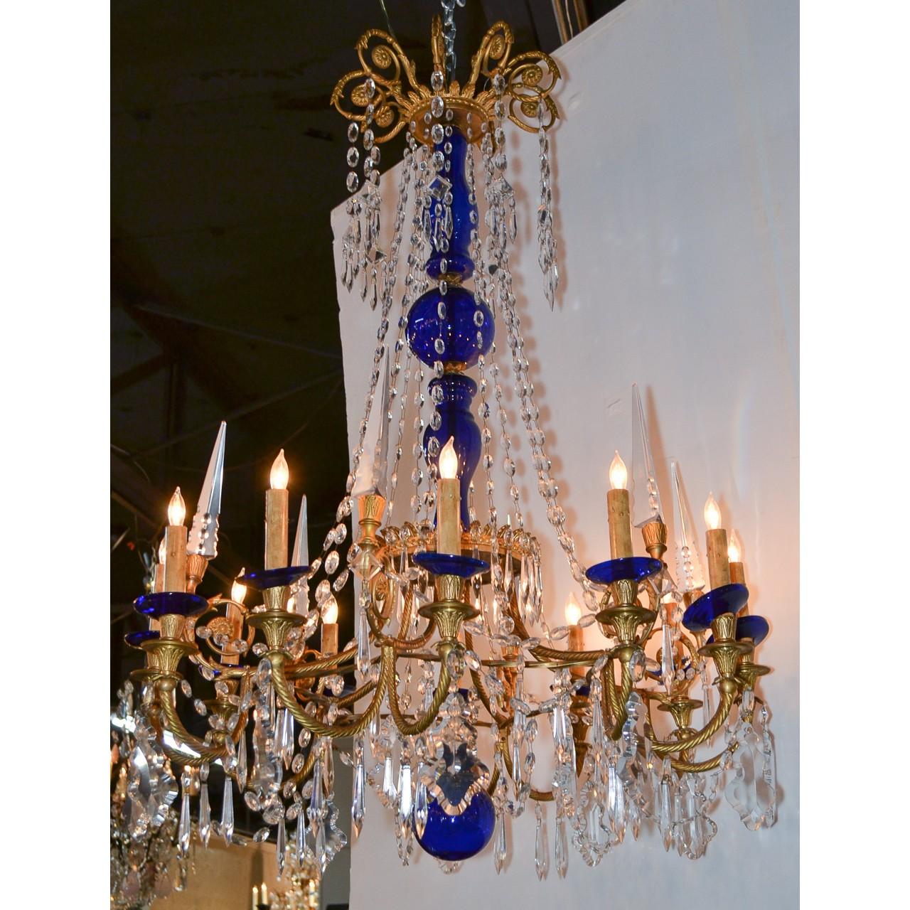 Dyed 19th Century Pair of Russian Bronze, Crystal, and Cobalt Chandeliers