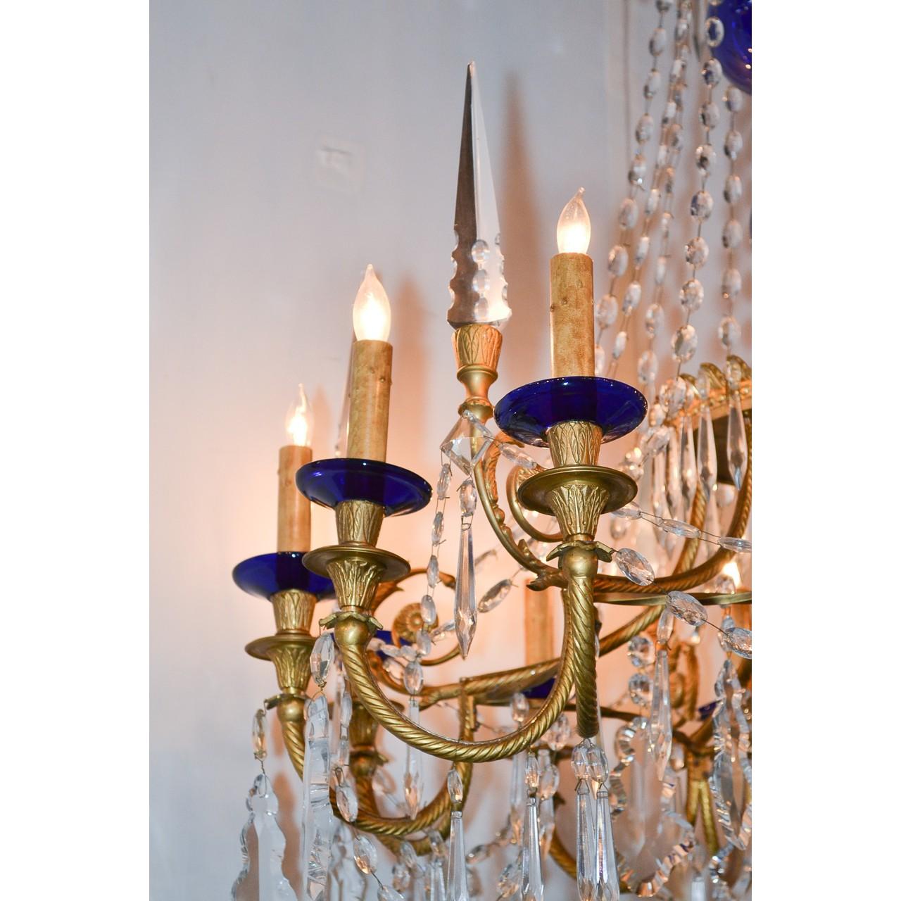 19th Century Pair of Russian Bronze, Crystal, and Cobalt Chandeliers In Excellent Condition In Dallas, TX