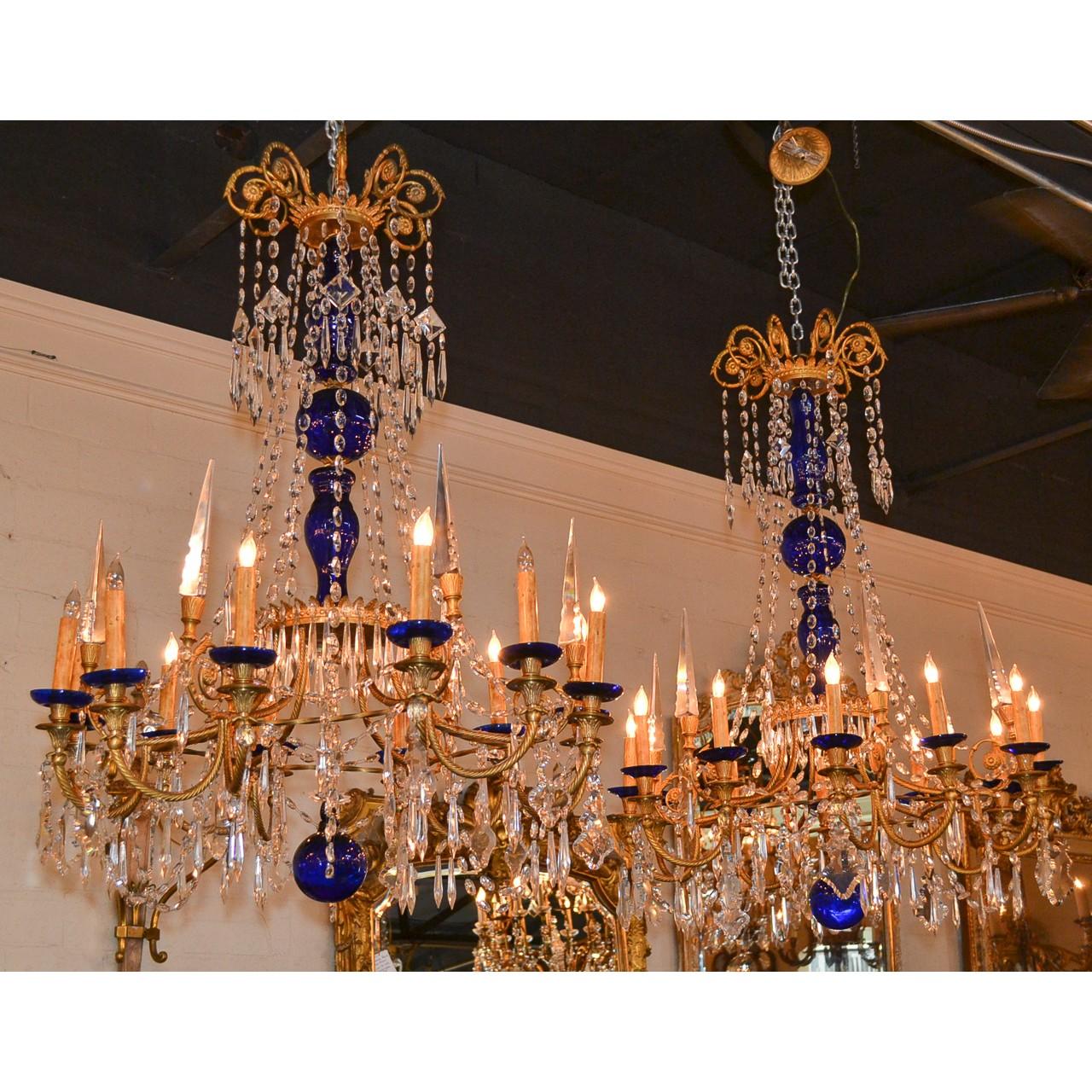 Late 19th Century 19th Century Pair of Russian Bronze, Crystal, and Cobalt Chandeliers