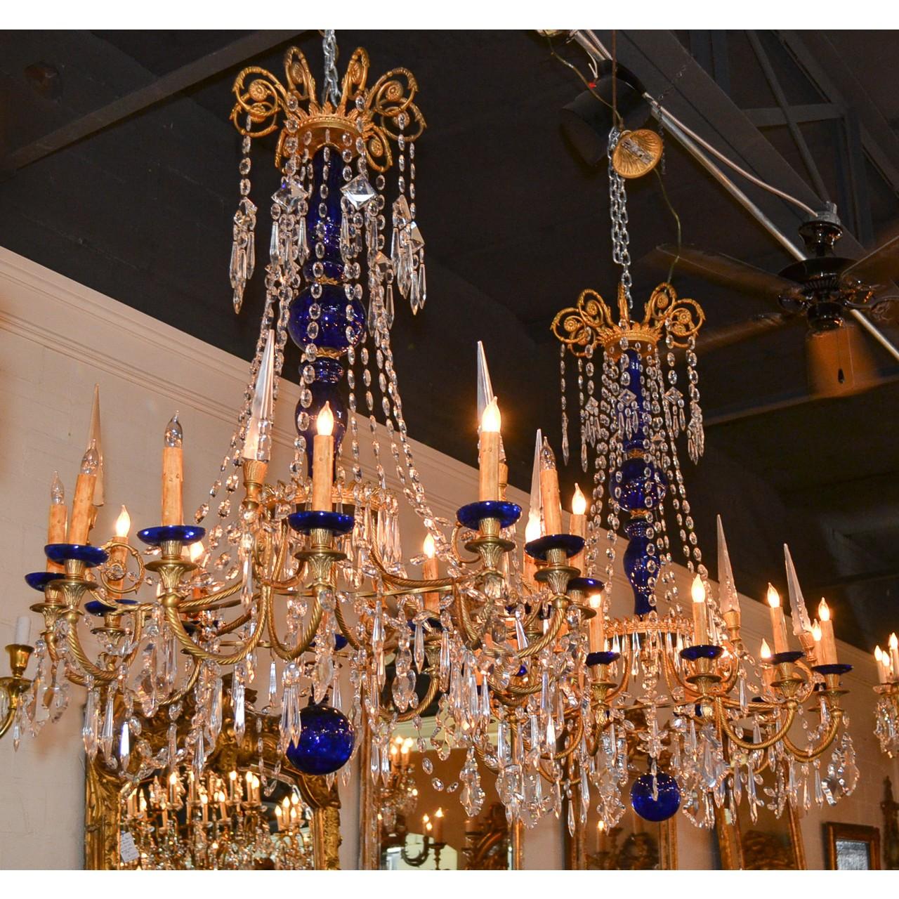 19th Century Pair of Russian Bronze, Crystal, and Cobalt Chandeliers 1