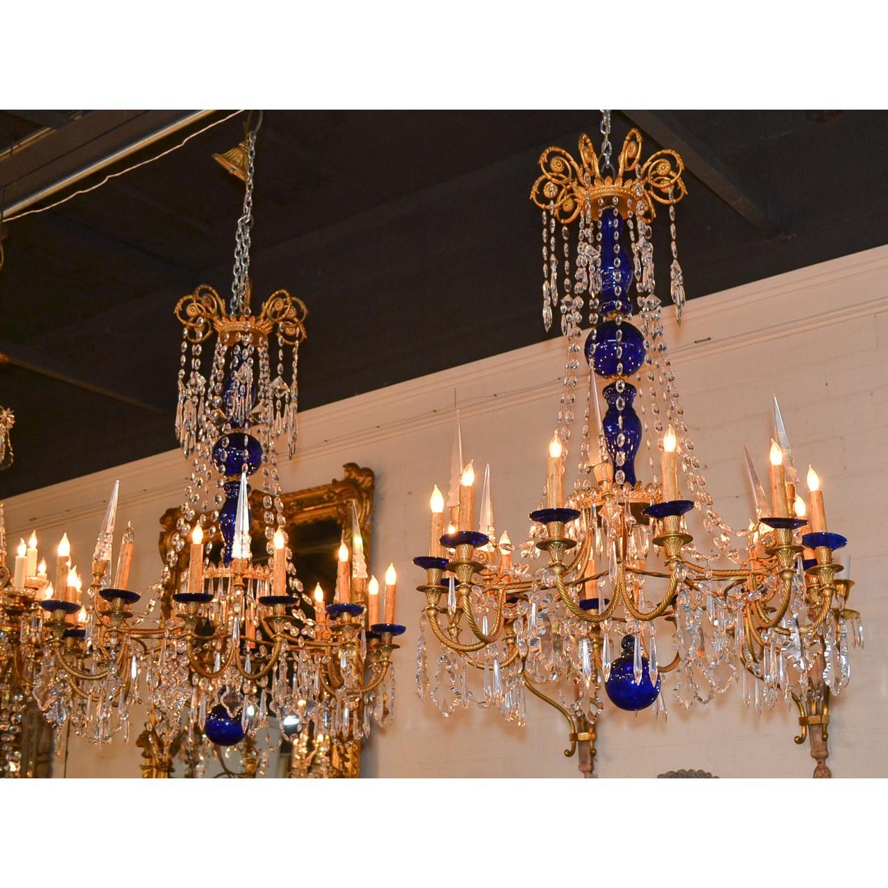 19th Century Pair of Russian Bronze, Crystal, and Cobalt Chandeliers 2