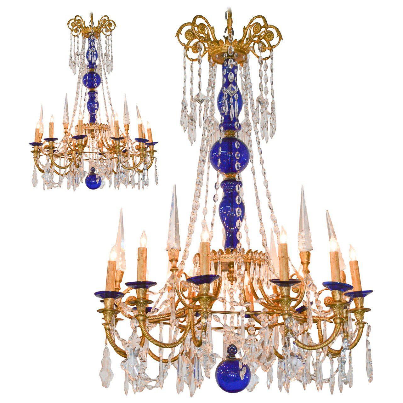 19th Century Pair of Russian Bronze, Crystal, and Cobalt Chandeliers