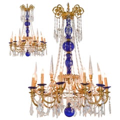 Antique 19th Century Pair of Russian Bronze, Crystal, and Cobalt Chandeliers