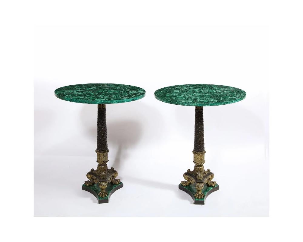 19th Century Pair of Russian Ormolu and Patinated Bronze and Malachite Gueridon Tables

In excellent condition ready to place in any home

size is very impressive its about 24 inches in diameter and 29 inches tall. 
the bases are about 10 inches