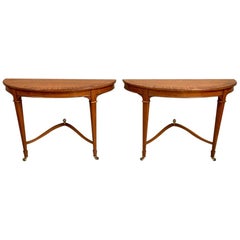 19th Century Pair of Satinwood Sheraton Style Demilune Console Tables
