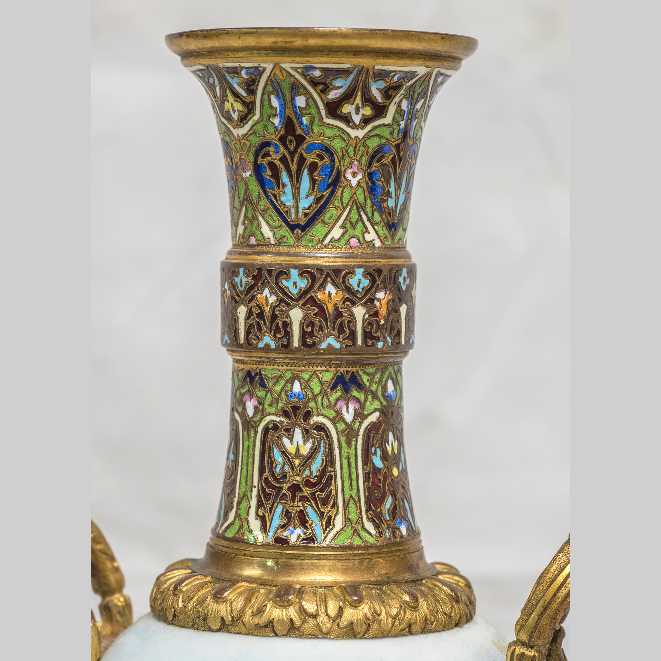 19th Century Pair of Sevres Style Champlevé Enamel Mounted Vases For Sale 5