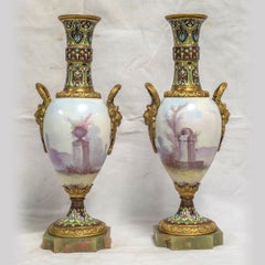 19th Century Pair of Sevres Style Champlevé Enamel Mounted Vases
