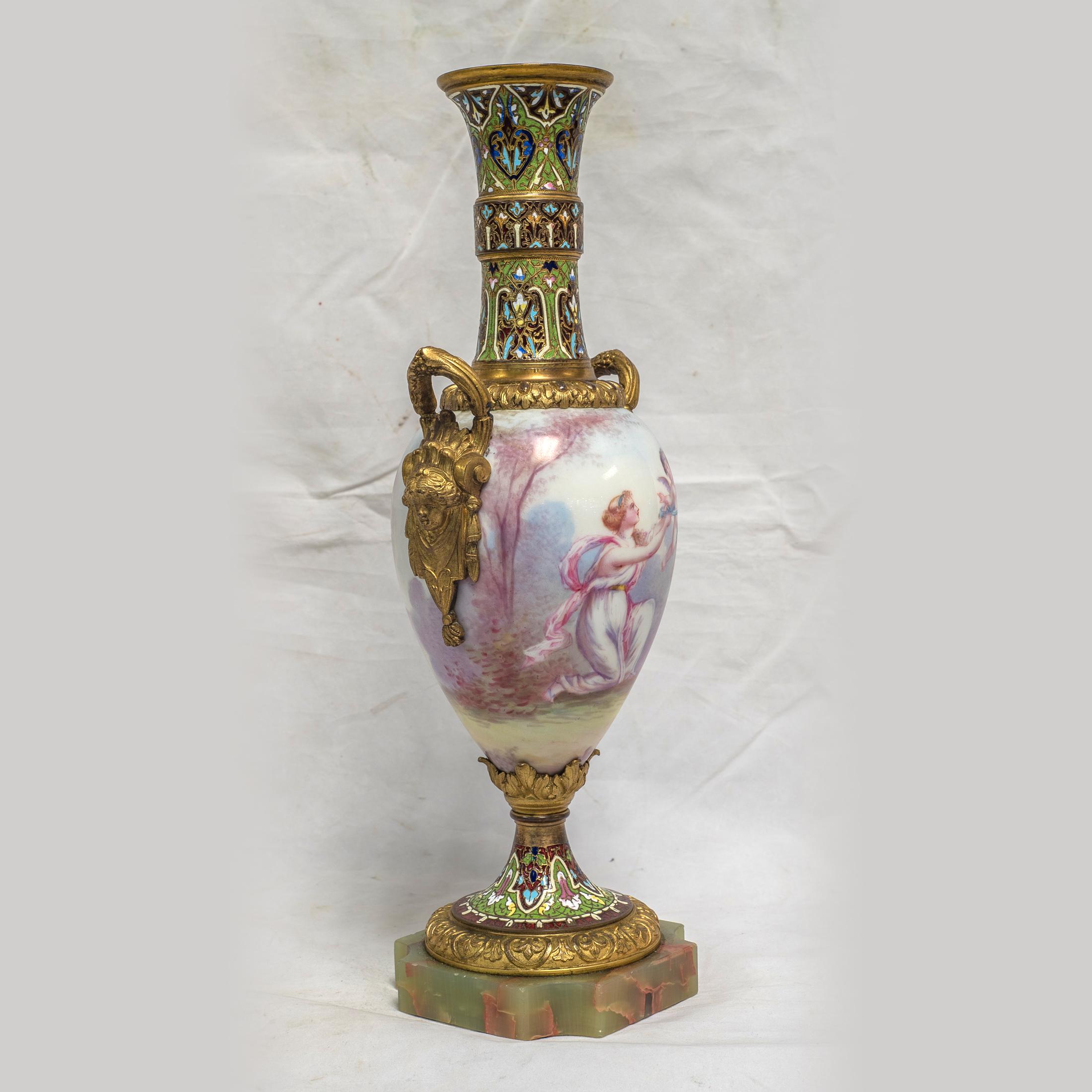 French 19th Century Pair of Sevres Style Champlevé Enamel Mounted Vases For Sale