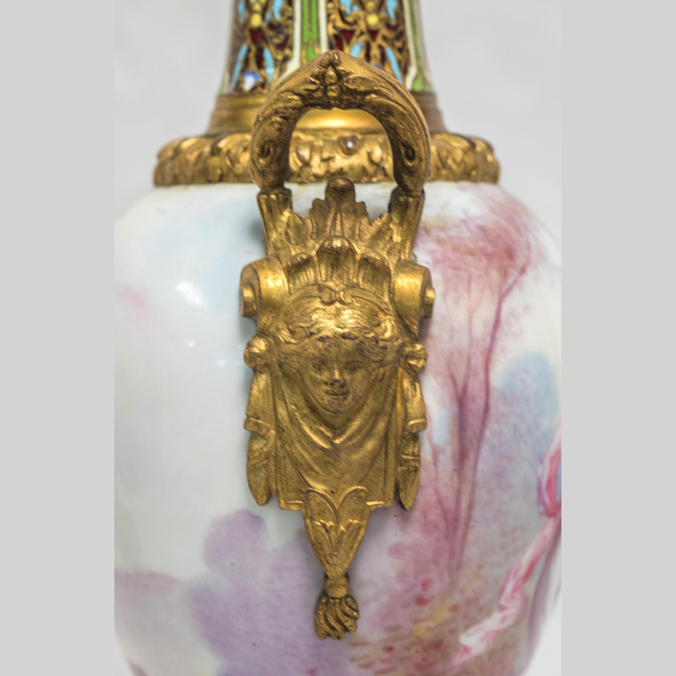 Painted 19th Century Pair of Sevres Style Champlevé Enamel Mounted Vases For Sale