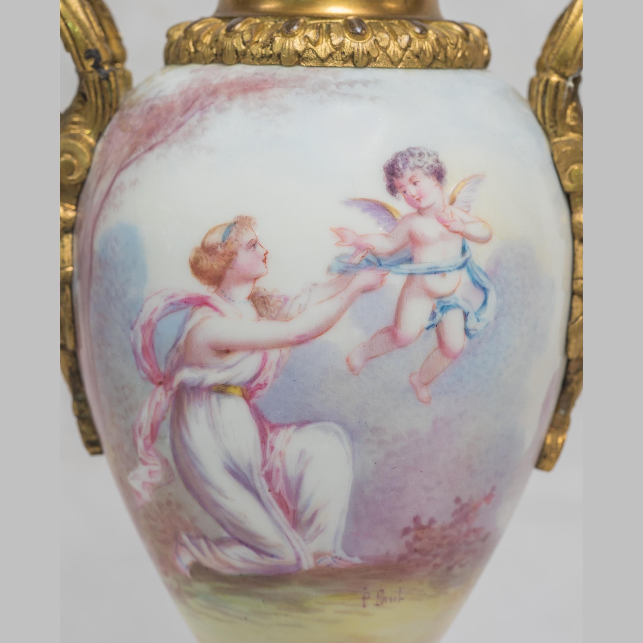 19th Century Pair of Sevres Style Champlevé Enamel Mounted Vases For Sale 2