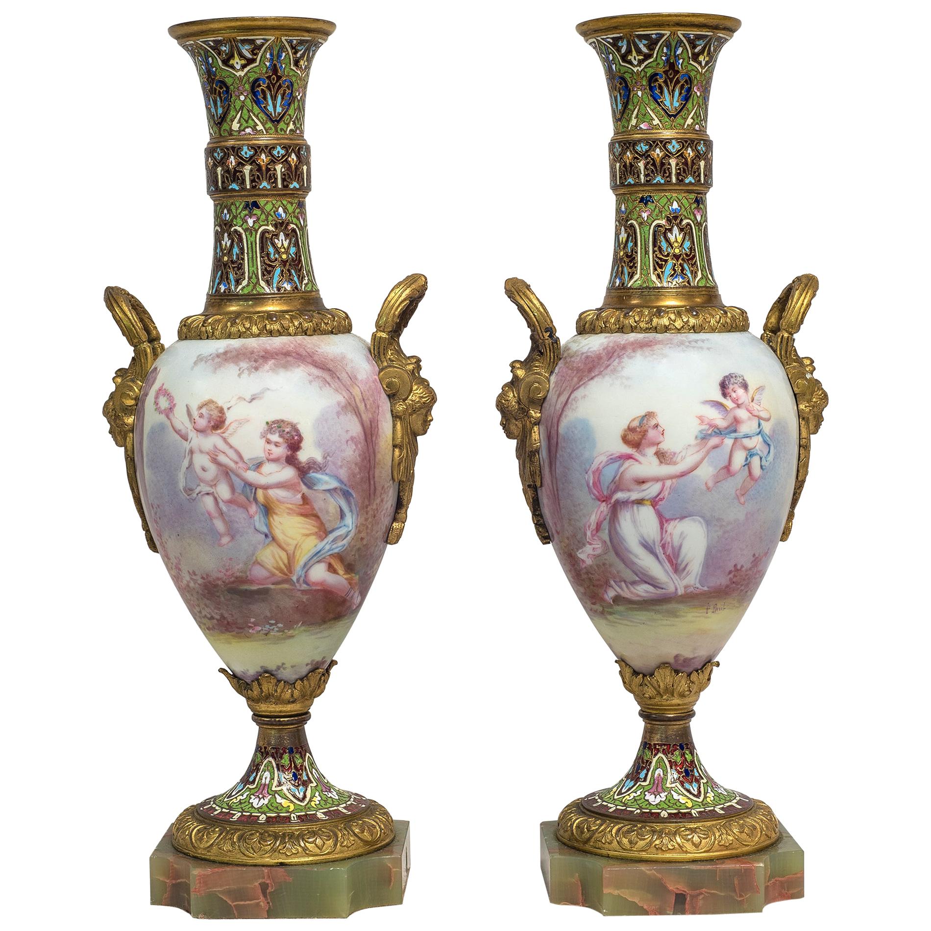 19th Century Pair of Sevres Style Champlevé Enamel Mounted Vases For Sale