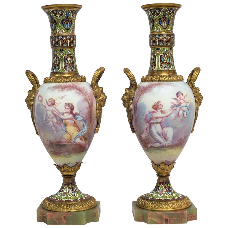 19th Century Pair of Sevres Style Champlevé Enamel Mounted Vases For